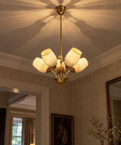 Itsu, Finnish Modern, Snowflake Chandelier, Brass, Glass, Finland, 1950s