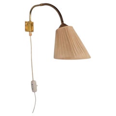 AJH, Swedish Modern, Adjustable Wall Light, Brass, Pleated Fabric, Sweden, 1950s