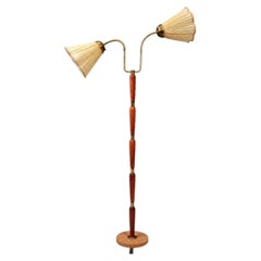Swedish Modern, Double Light Floor Lamp, Wood, Brass, Fabric, Sweden, 1950s
