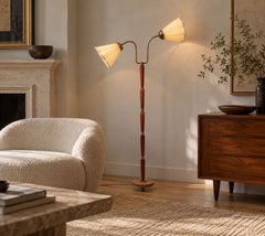 Swedish Modern, Double Light Floor Lamp, Wood, Brass, Fabric, Sweden, 1950s