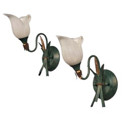 Italian Modern, Floral Wall Sconces, Green Metal, Bronze, Glass, Italy, 1960s