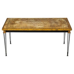 Jacques Quinet Style, Coffee Table, Gold Églomisé Glass, Iron, France, 1960s