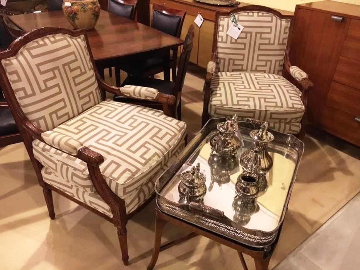 Pair of Custom Quality Geo-Metric Upholstered Louis XVI Style Armchairs 1