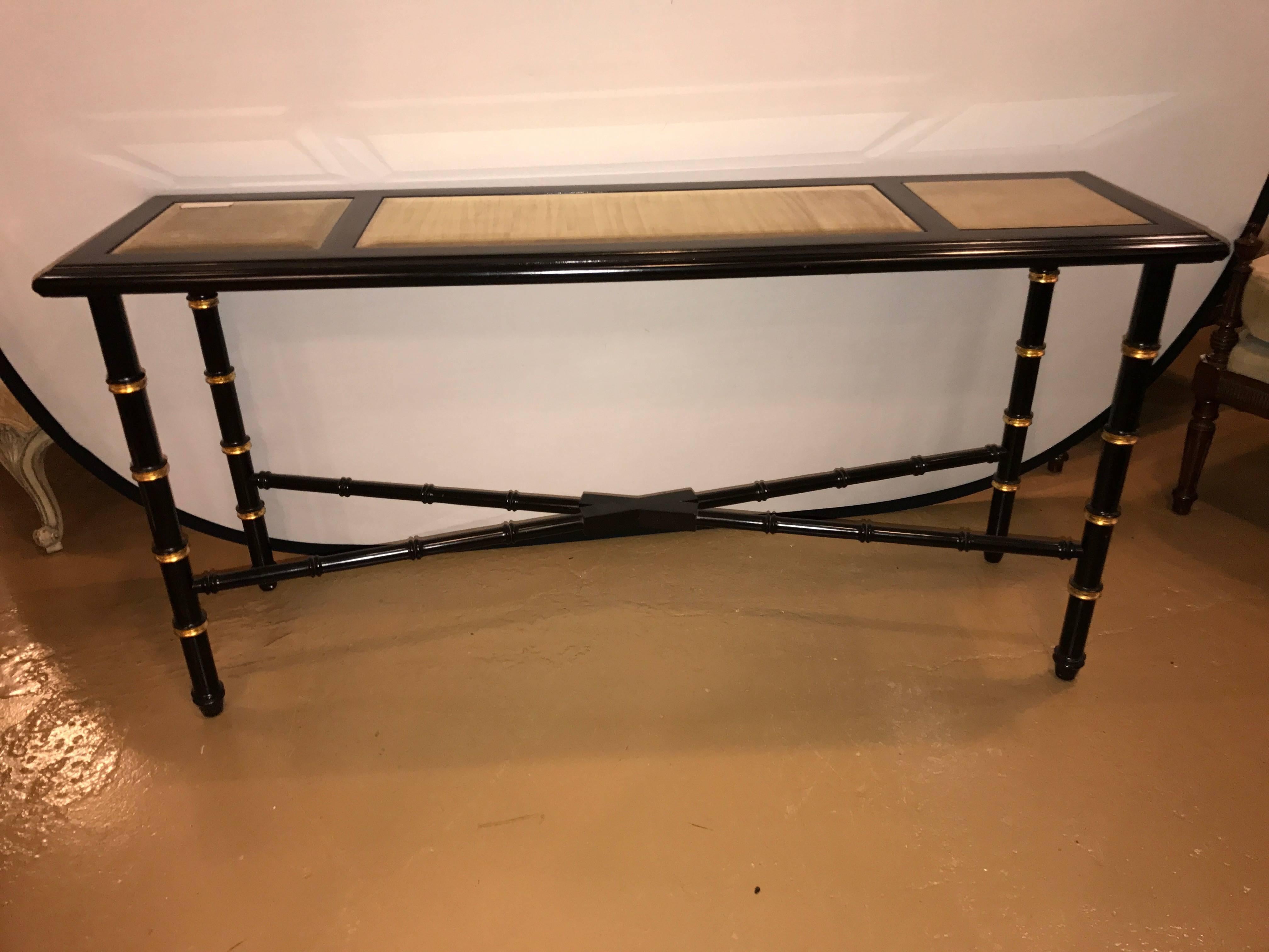 American Ebonized Faux Bamboo And Gilt Gold Console Or Serving Table Manner of Jansen