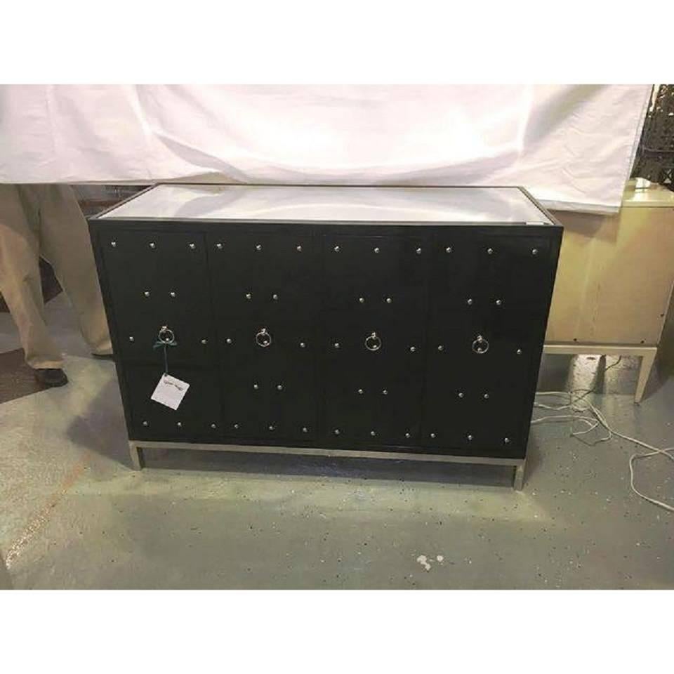 Unknown Parzinger Inspired Black Studded and Mirrored Cabinet Beveled Mirror Top