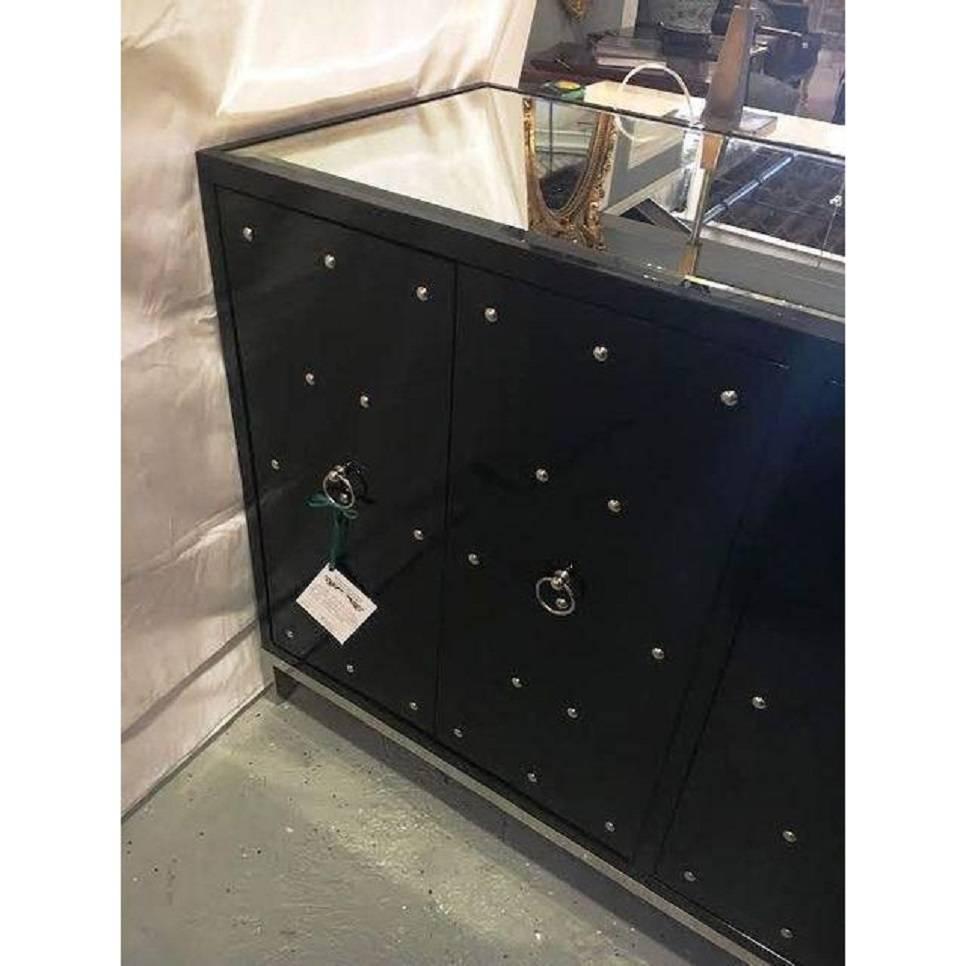 Parzinger Inspired Black Studded and Mirrored Cabinet Beveled Mirror Top 2