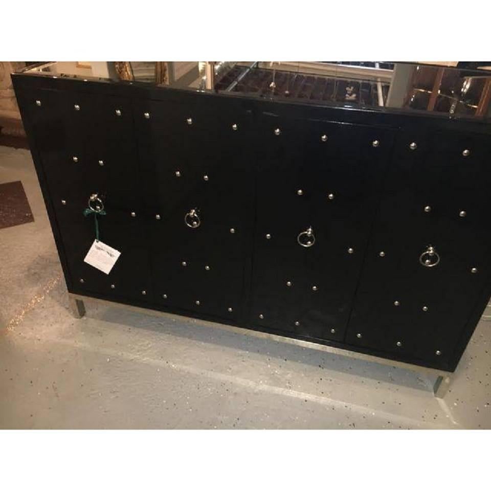 20th Century Parzinger Inspired Black Studded and Mirrored Cabinet Beveled Mirror Top