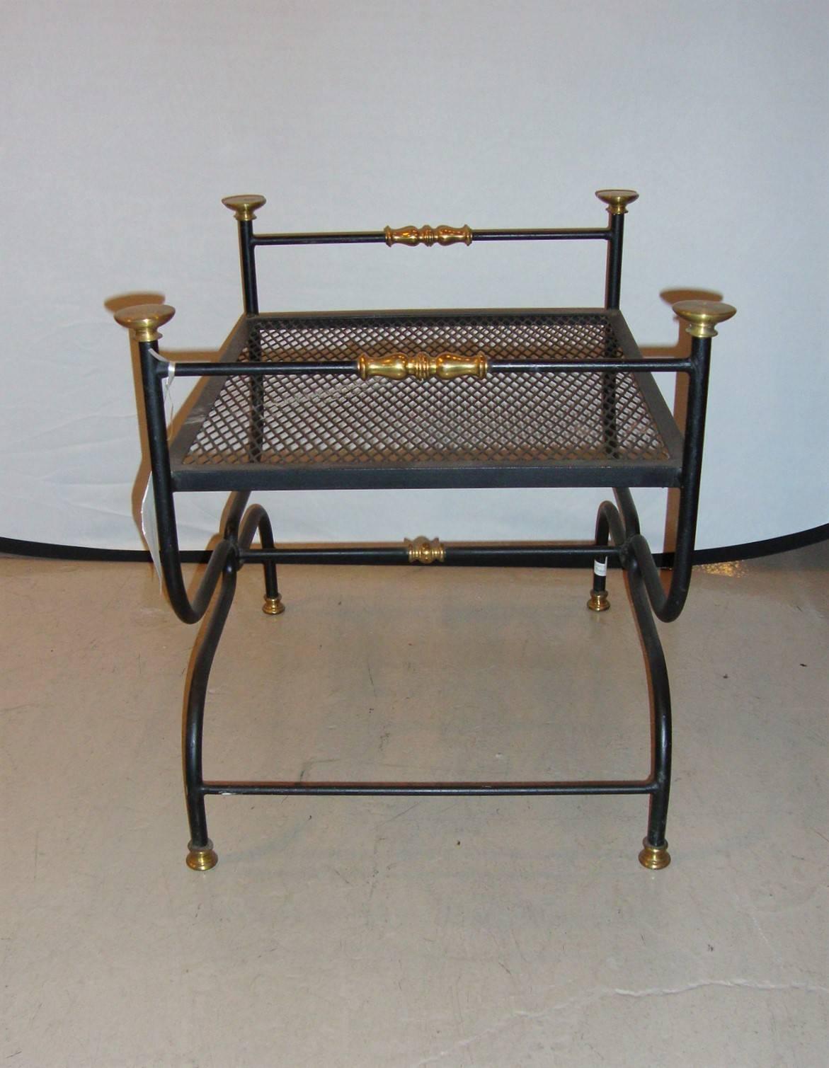 Mid-20th Century Jansen Style Savonarola Brass and Iron Bench