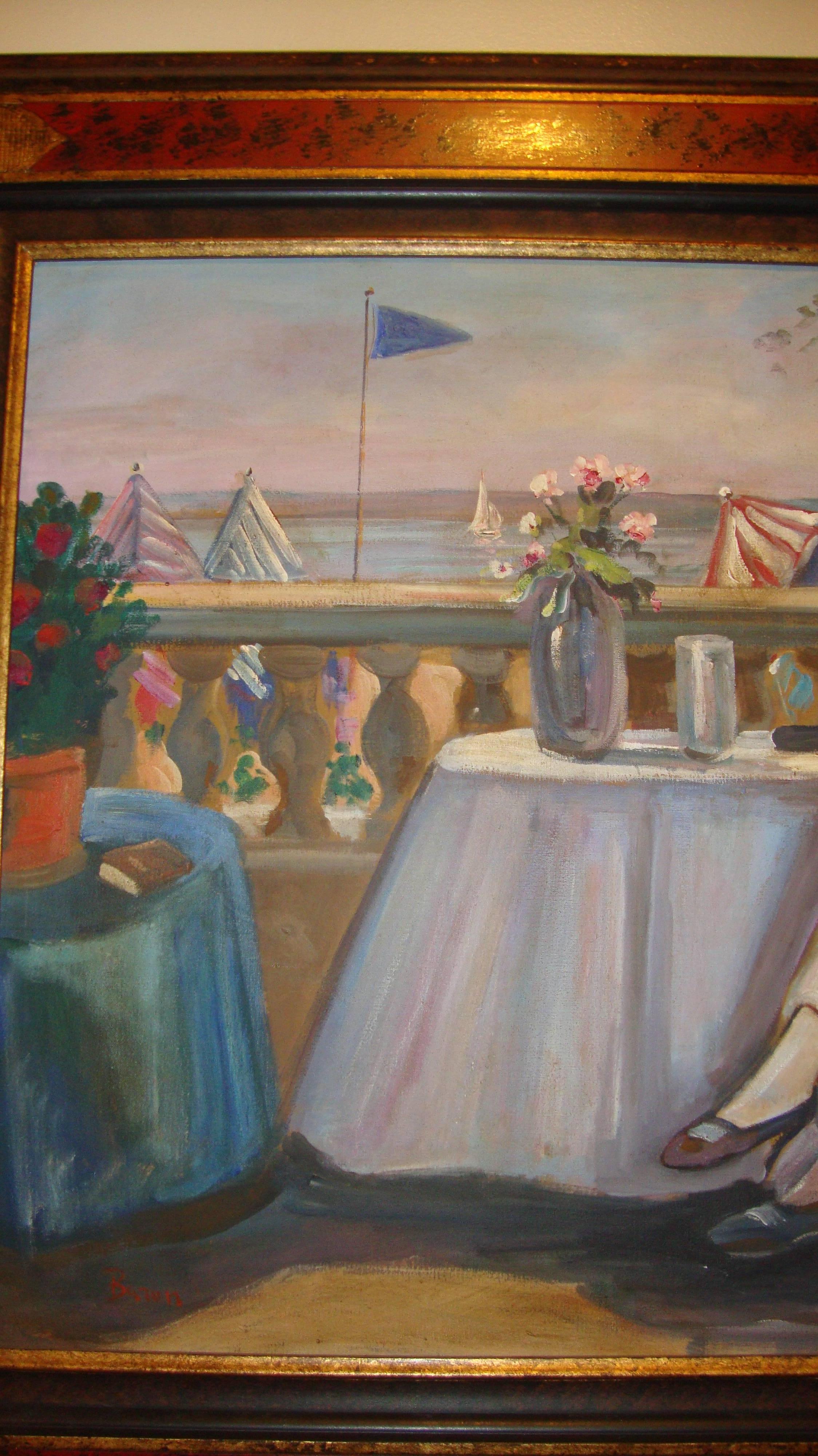 Oil On Canvas Woman by the Sea by Baton HIghly Decorative Chinoiserie Frame In Good Condition In Stamford, CT