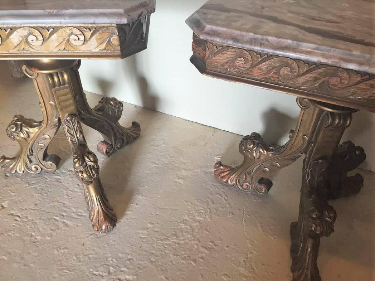 Mid-Century Modern Pair Marble-Top End Tables Supported By Tri Pedestal Base Distress Gilt Finish