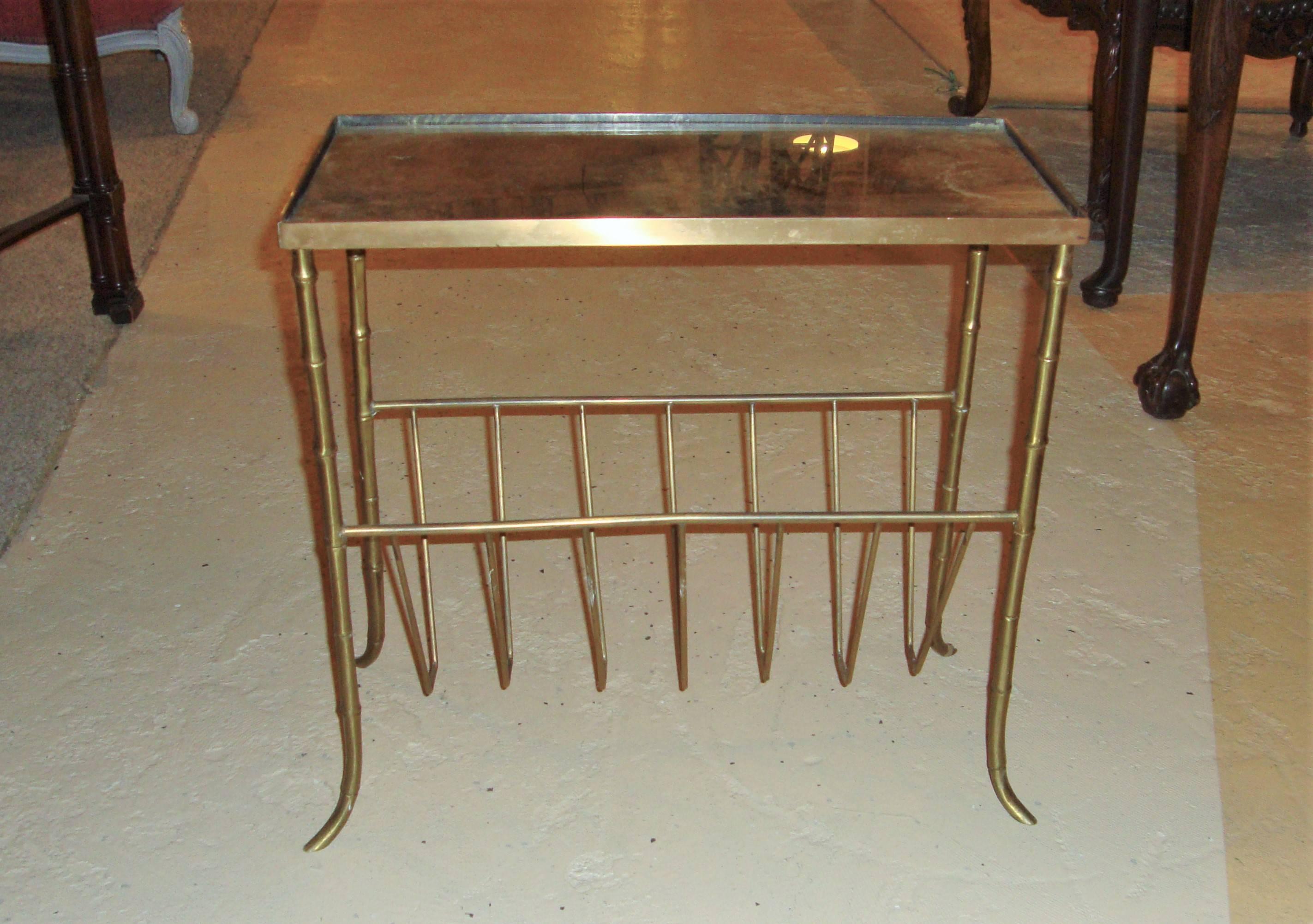 Bagues Style Bronze Bamboo Magazine Table with Gilt Mirrored Top 3