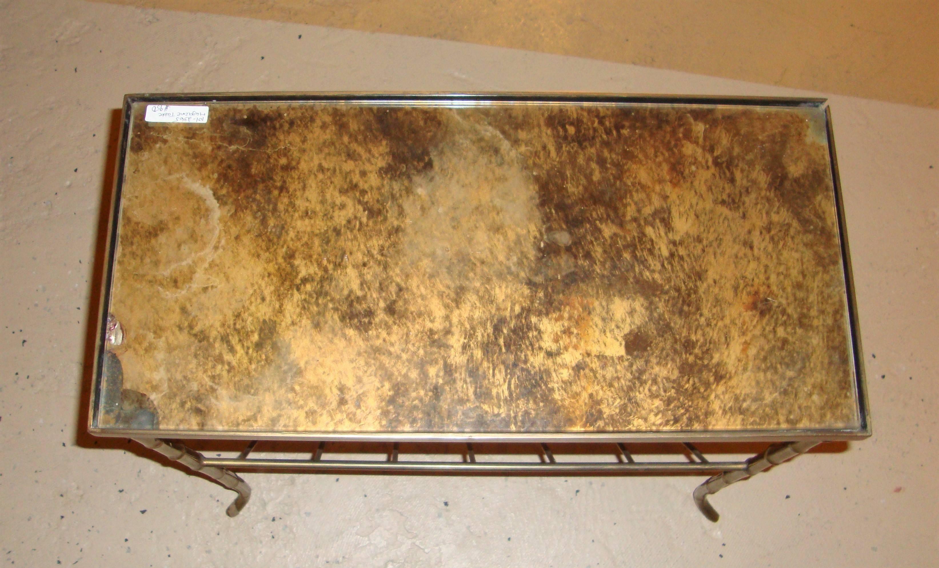 Hollywood Regency Bagues Style Bronze Bamboo Magazine Table with Gilt Mirrored Top