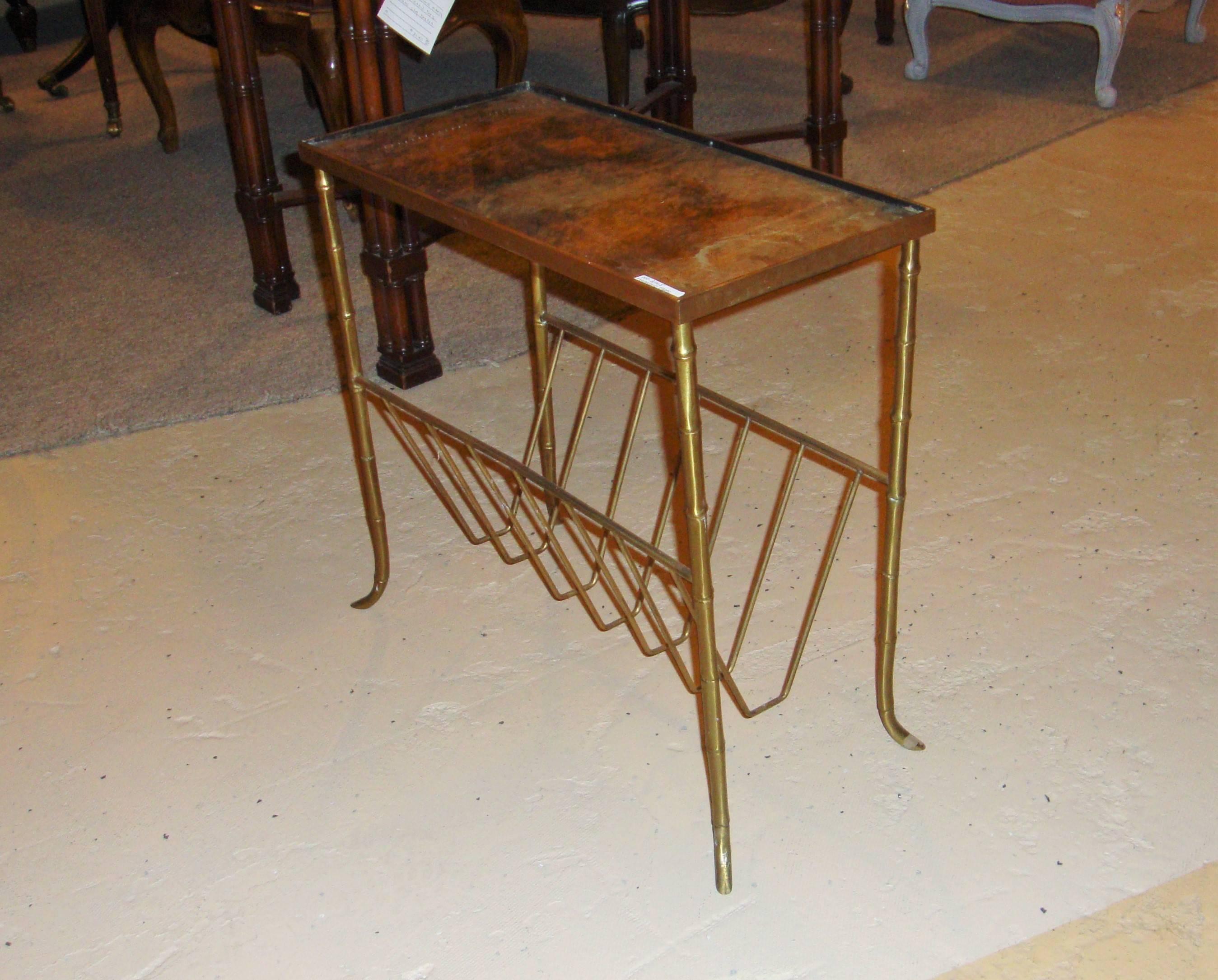 20th Century Bagues Style Bronze Bamboo Magazine Table with Gilt Mirrored Top