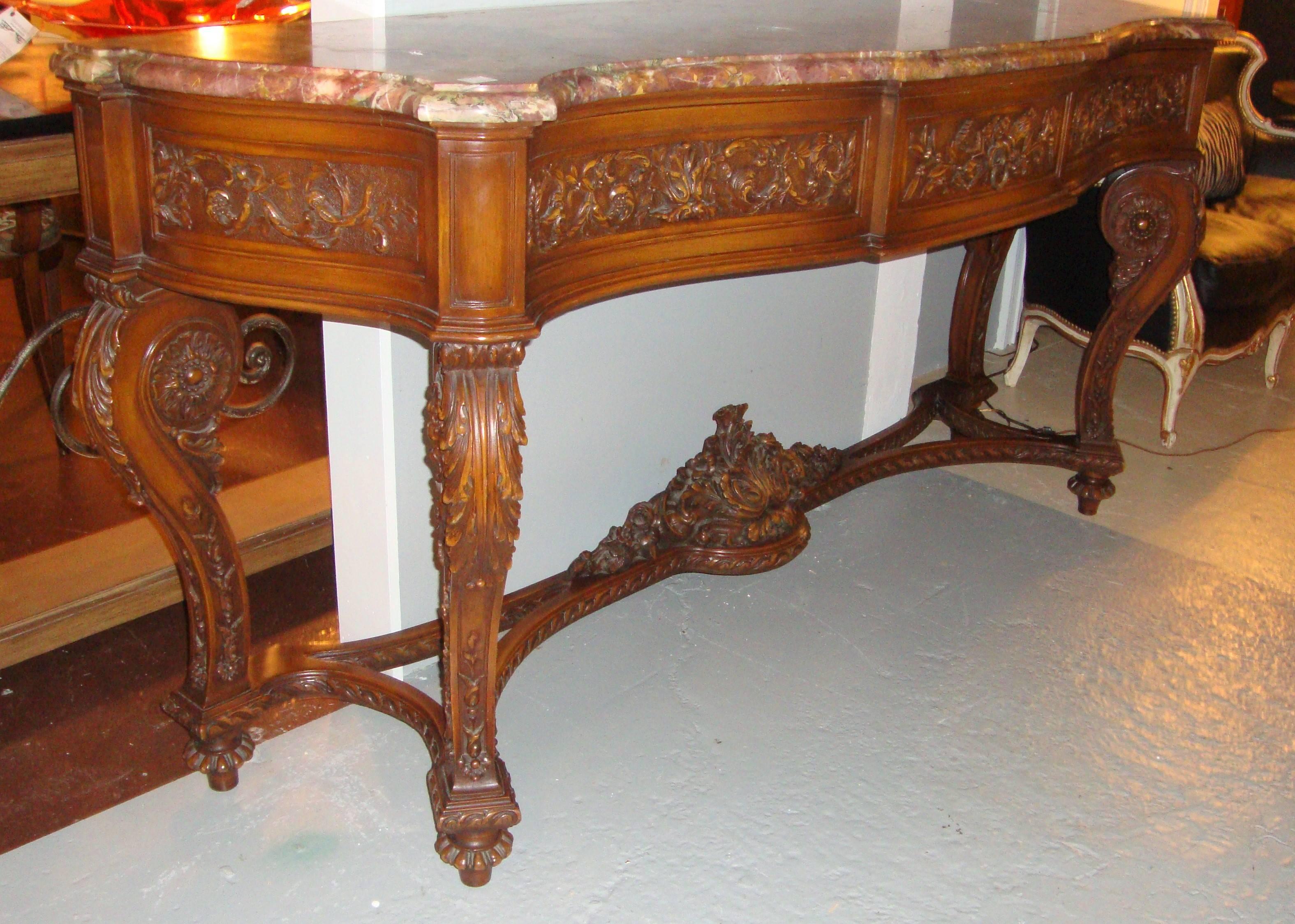 Monumental Walnut Finely Constructed Marble-Top Server Console  In Good Condition In Stamford, CT