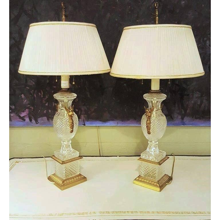 Pair of Hollywood Regency Style Fine Glass Lamps with Swan Handles For Sale 3