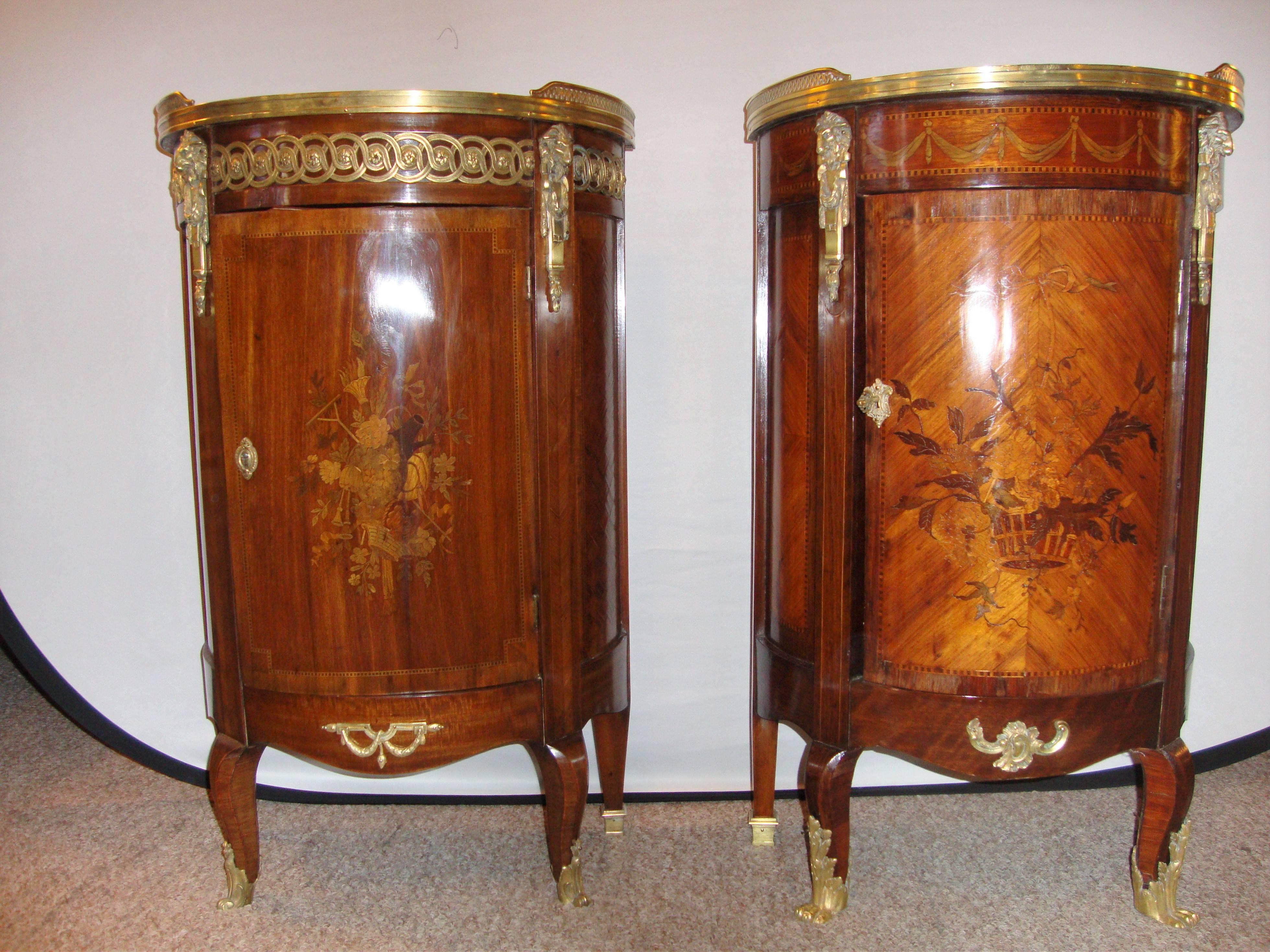  French Louis XV style Inlaid Pedestal end table. With a gallery marble top, single cabinet door, and brass accents throughout.  Can also be used as nightstand.