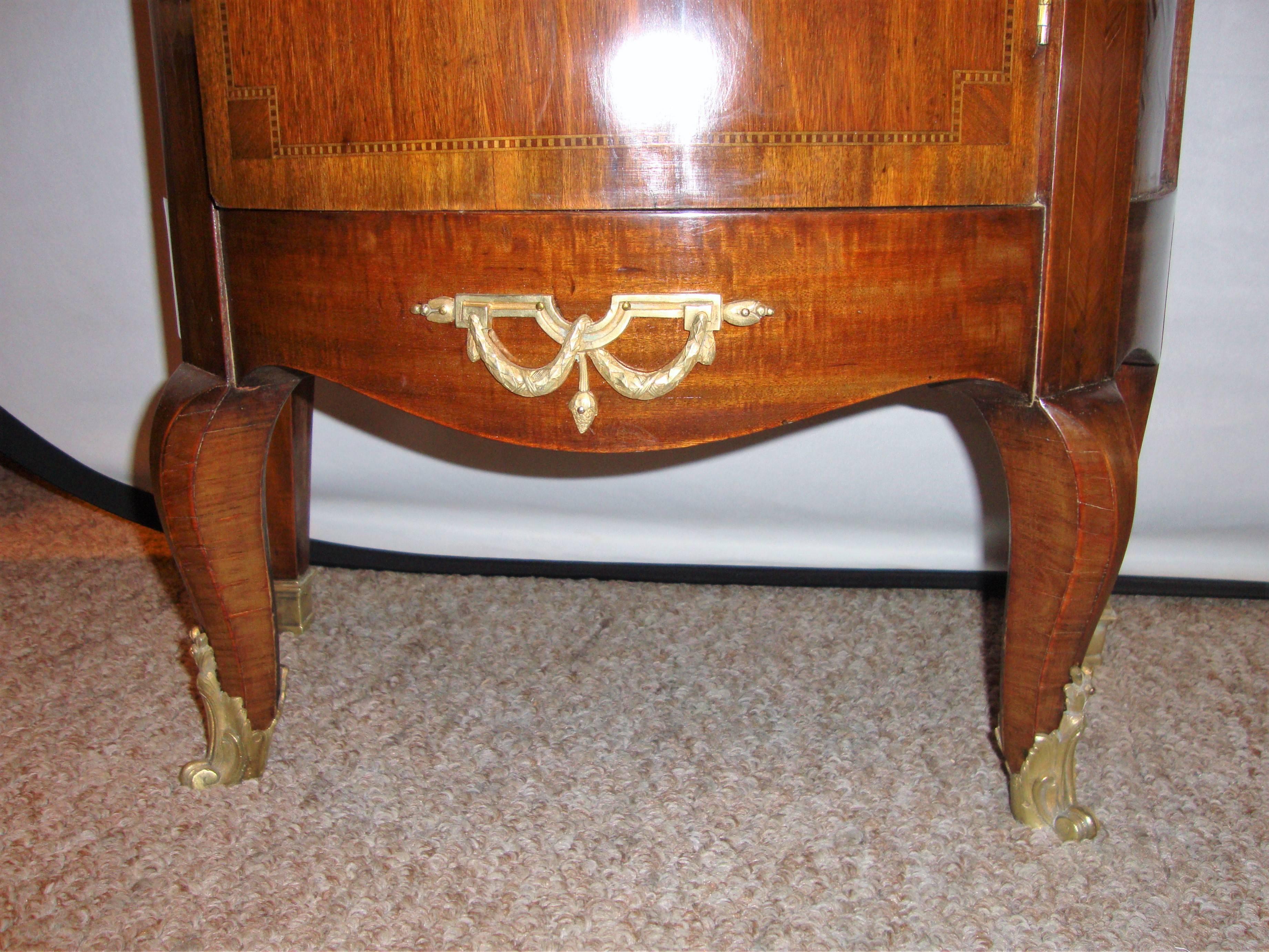 20th Century  French Louis XV Style Inlaid Pedestal End Table Night Stand Gallery Marble Top 