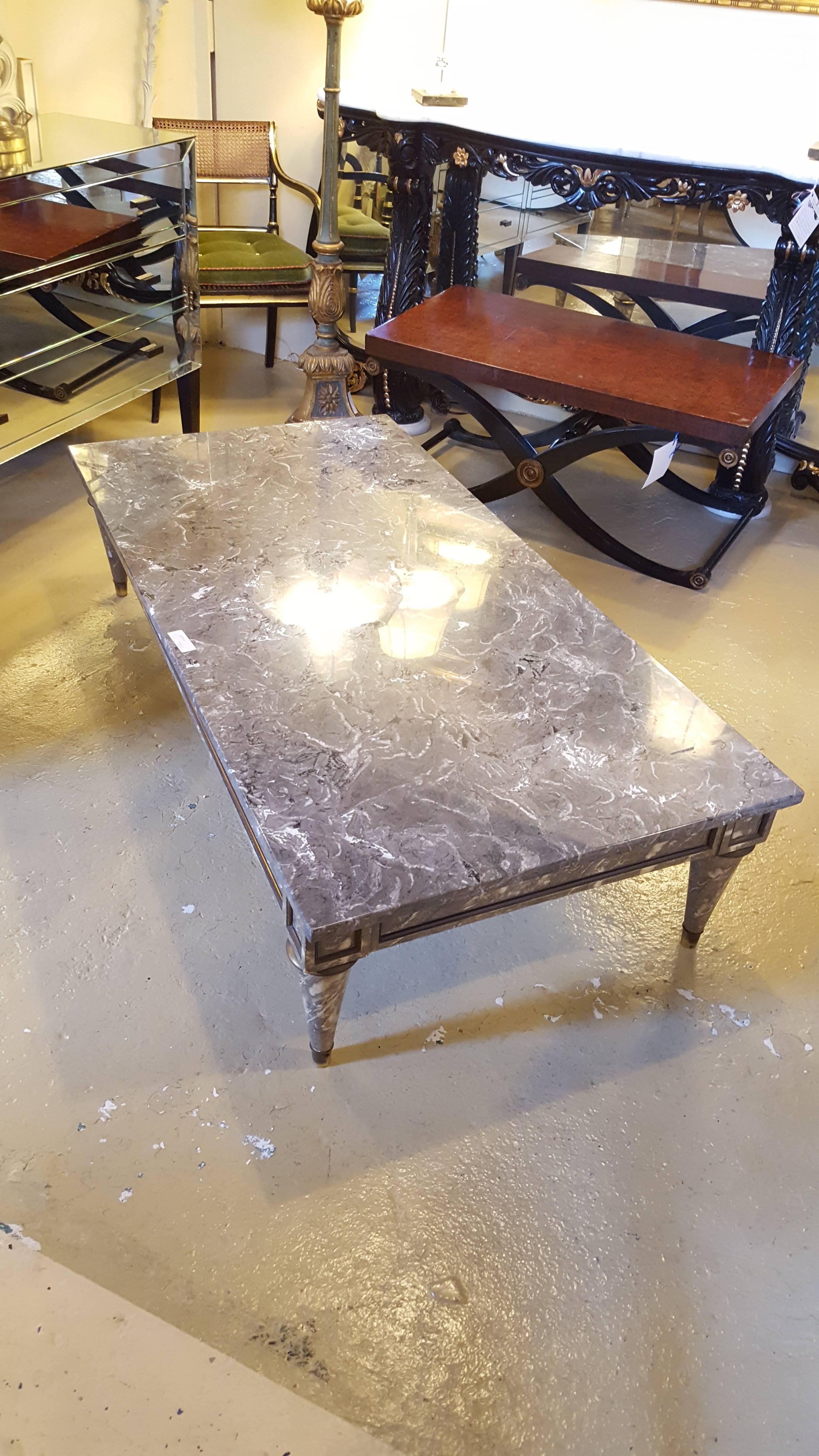 20th Century Directoire Style Thick Marble-Top Coffee Table With Matching Faux Marble Base  For Sale