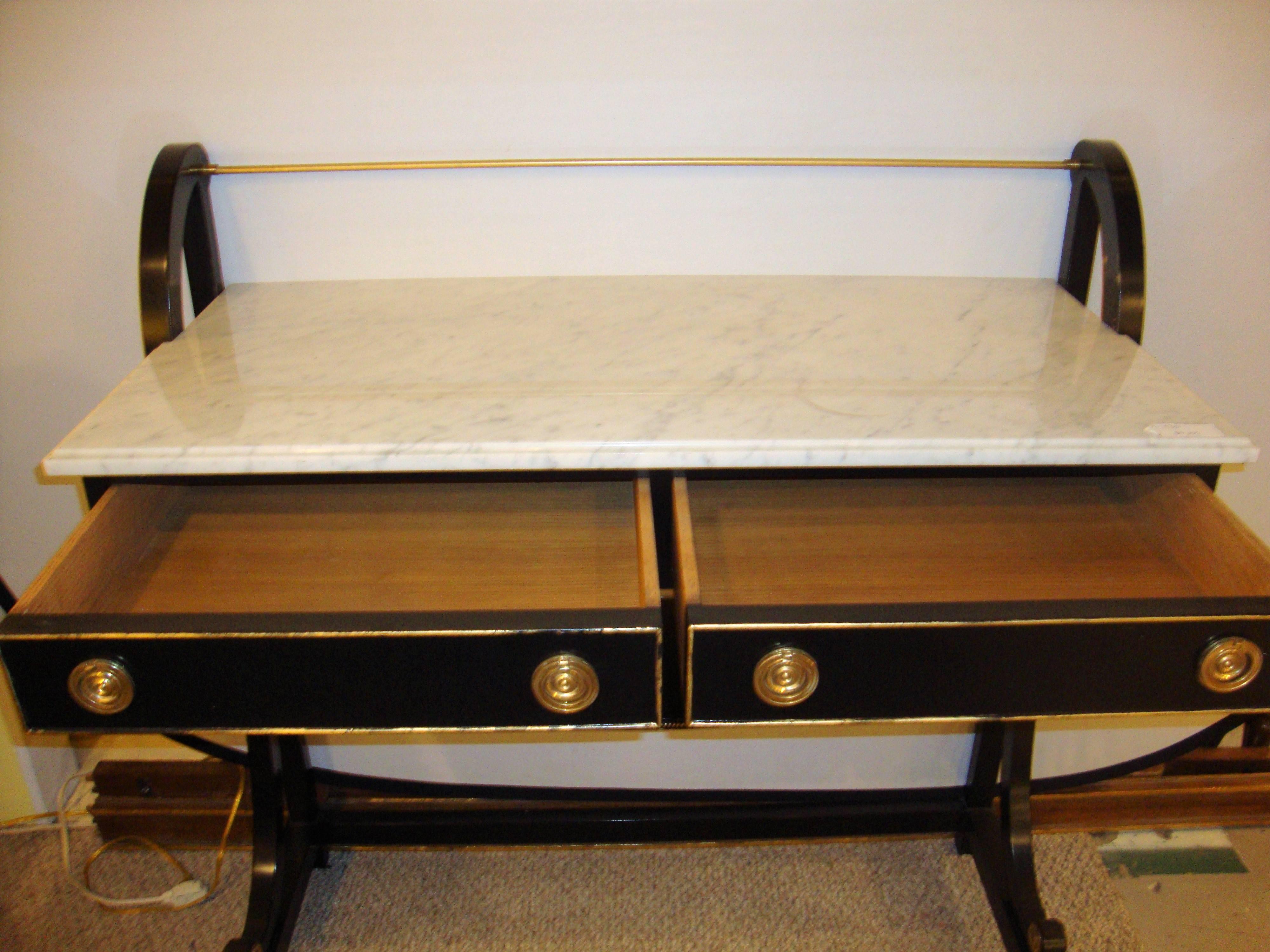 Hollywood Regency Ebonized Marble-Top Server or Sofa Table Attributed to Jansen For Sale