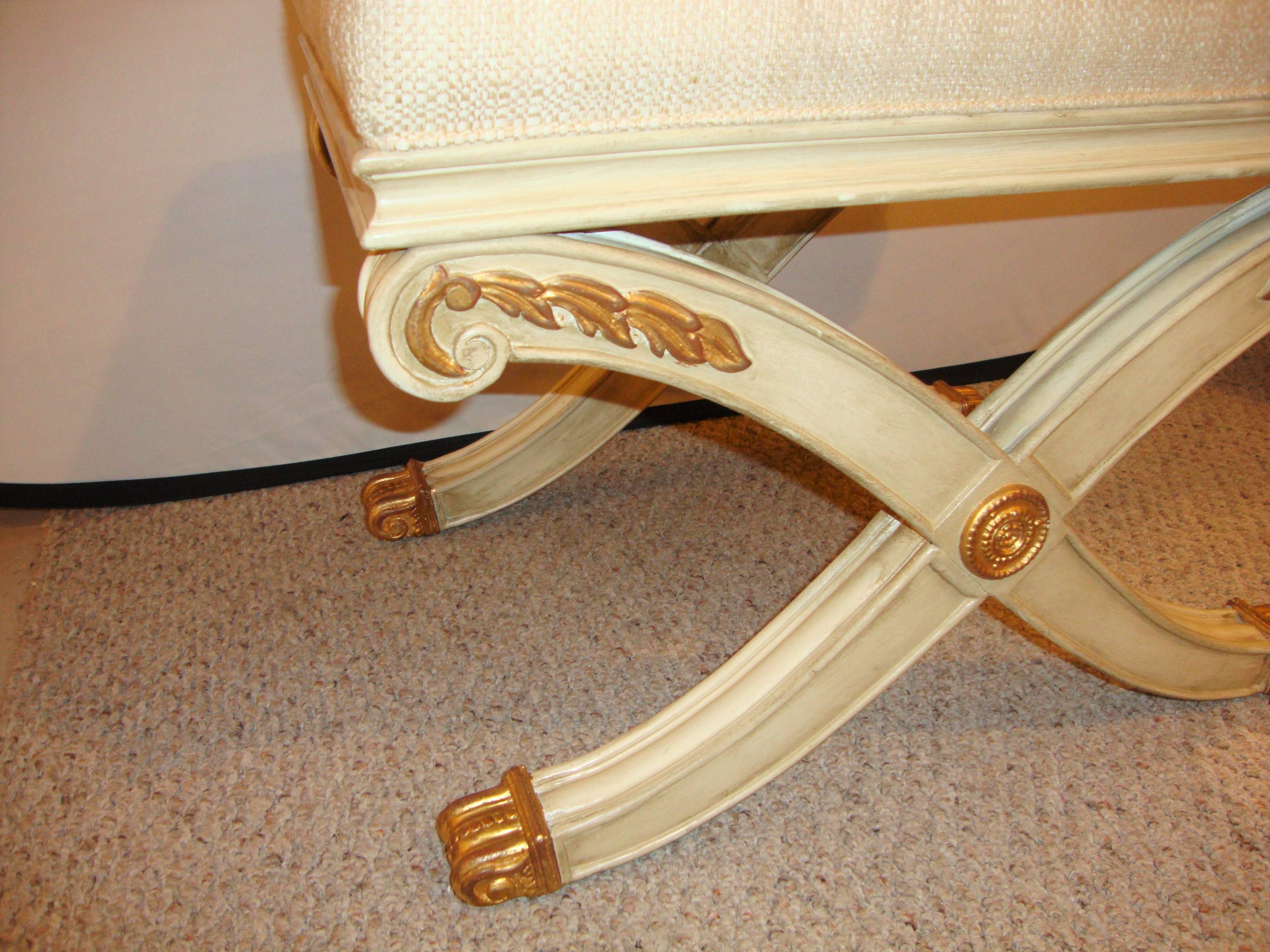 Pair of Maison Jansen Style X-Form Benches or Footstools Ivory And Parcel Gilt  In Good Condition In Stamford, CT