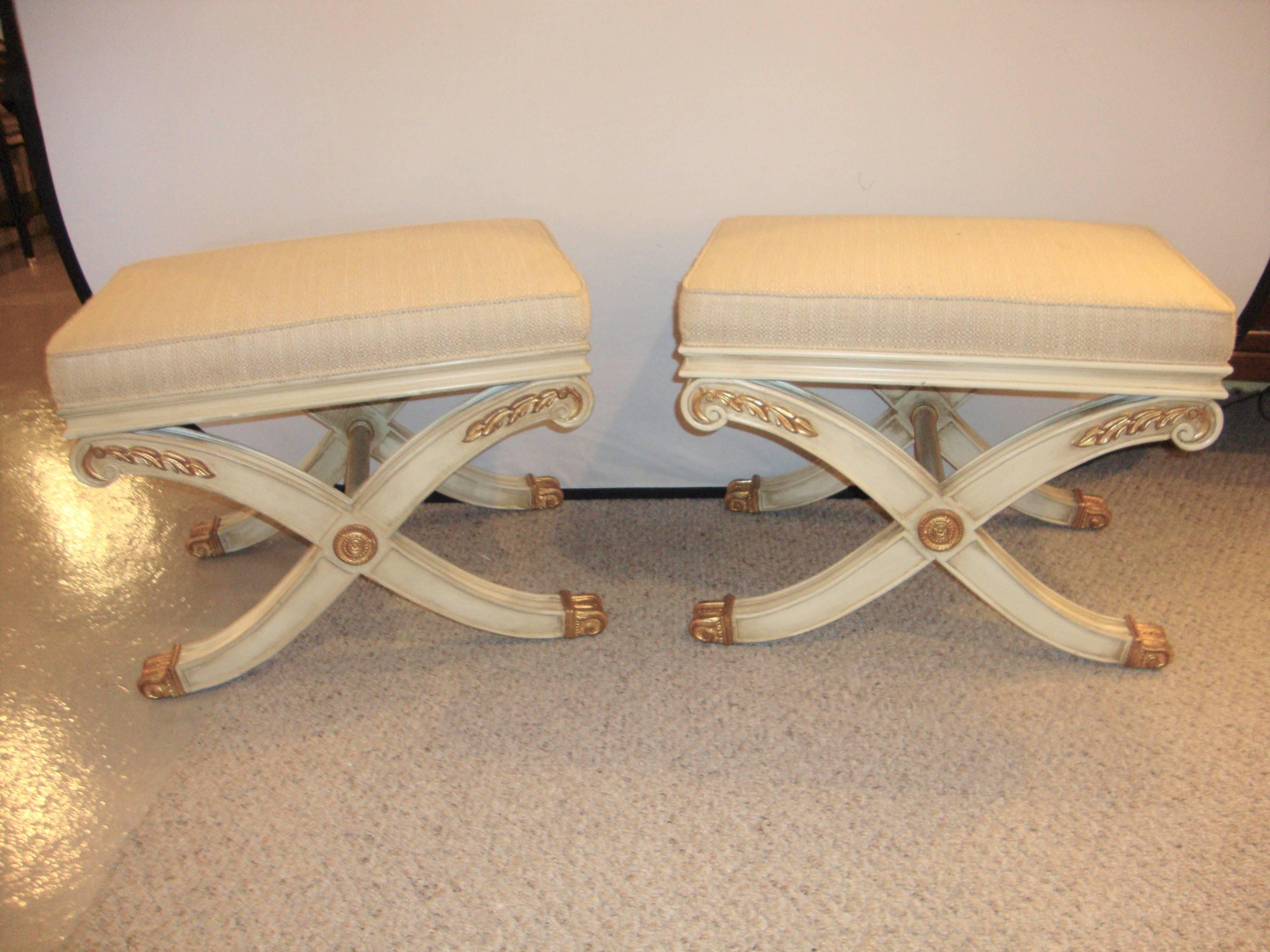 Mid-20th Century Pair of Maison Jansen Style X-Form Benches or Footstools Ivory And Parcel Gilt 