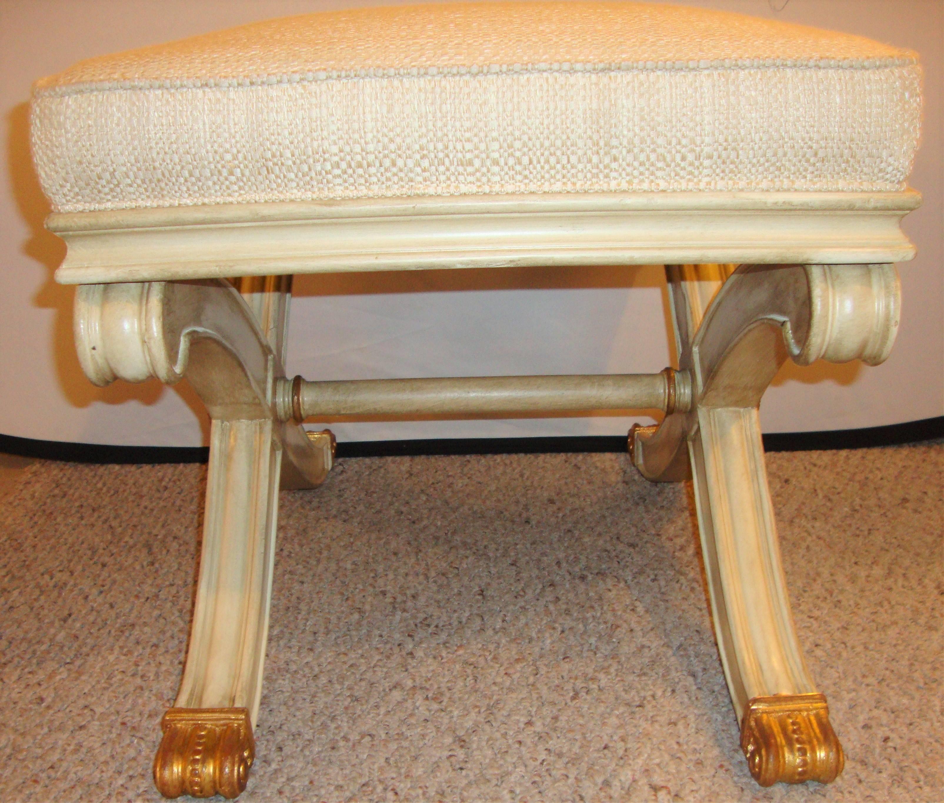 Wood Pair of Maison Jansen Style X-Form Benches or Footstools Ivory And Parcel Gilt 