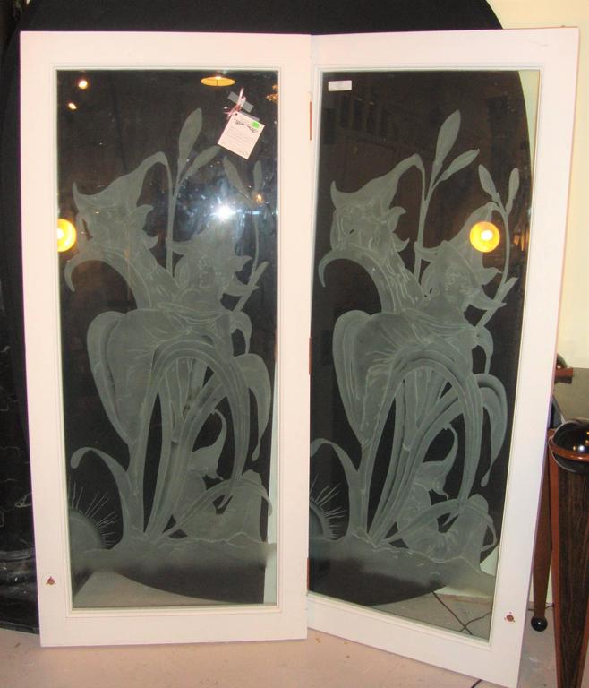 Pair of Art Deco Style Etched Glass Wall Decorations For Sale at 1stdibs