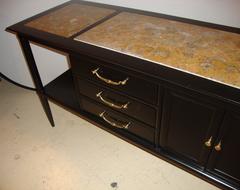 Pair of Tomlinson Stamped Marble-Top Ebonized Credenzas or Console Tables