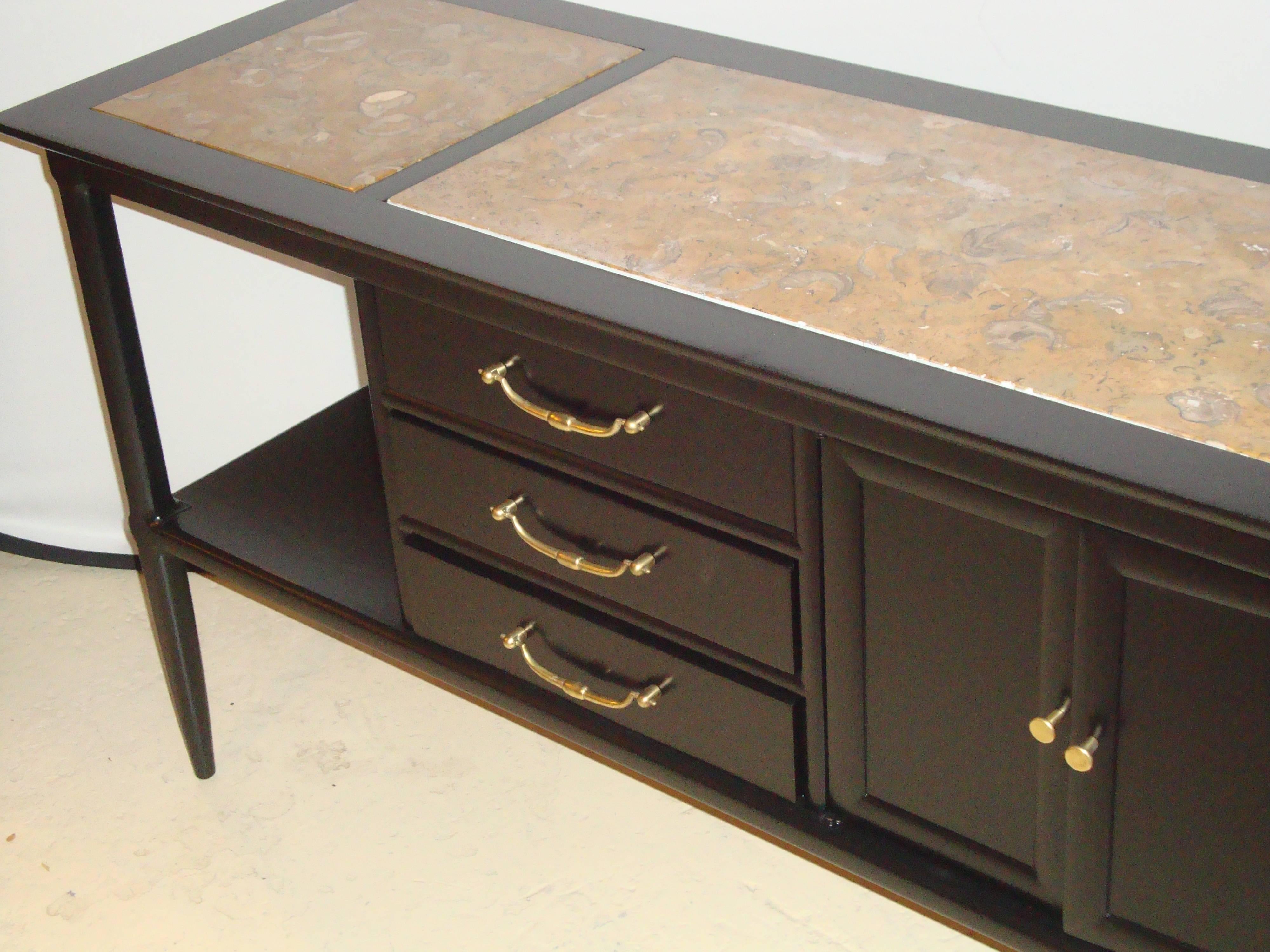 Pair of Tomlinson Stamped Marble-Top Ebonized Credenzas or Console Tables 1