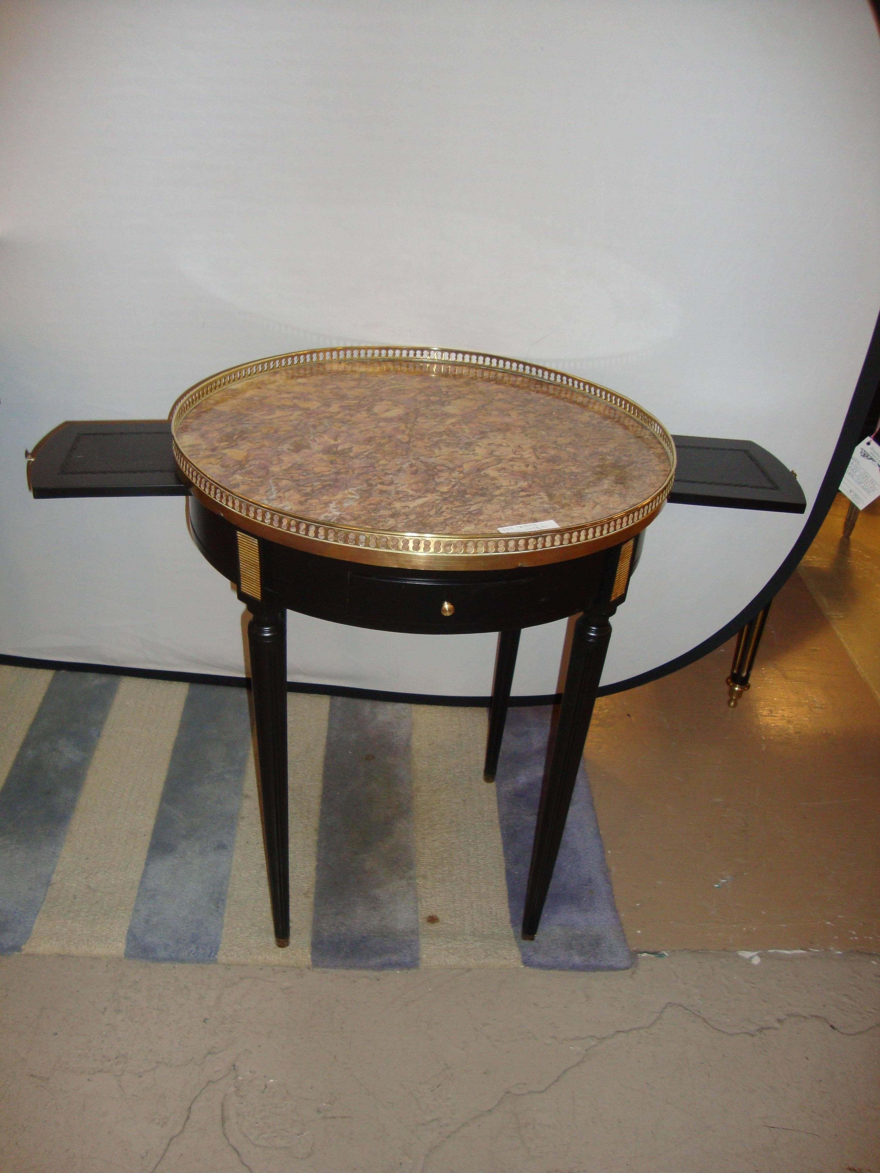 Maison Jansen, Louis XVI Style, Round Side Tables, Black Wood, Bronze, Marble 3