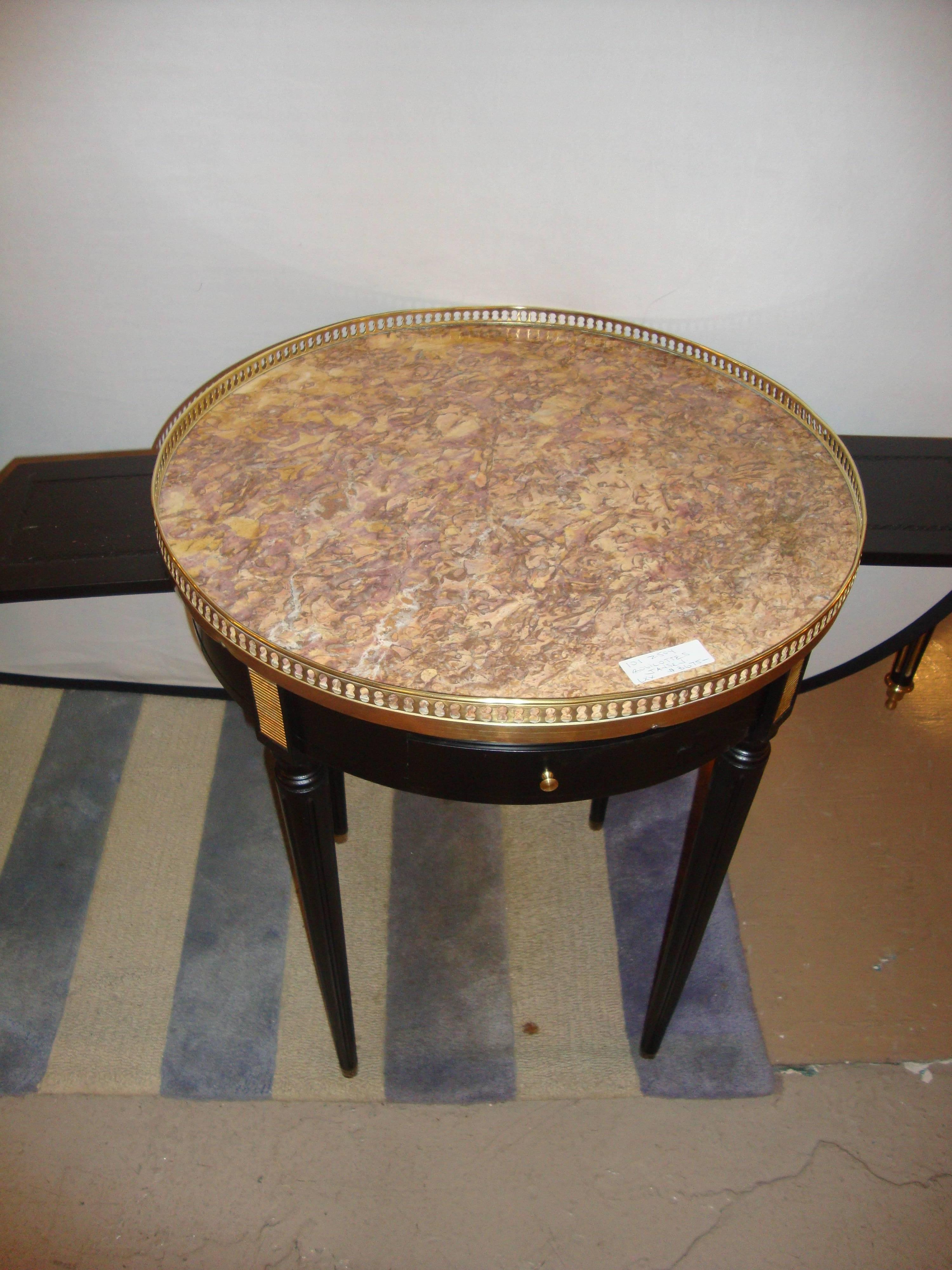 Maison Jansen, Louis XVI Style, Round Side Tables, Black Wood, Bronze, Marble For Sale 4