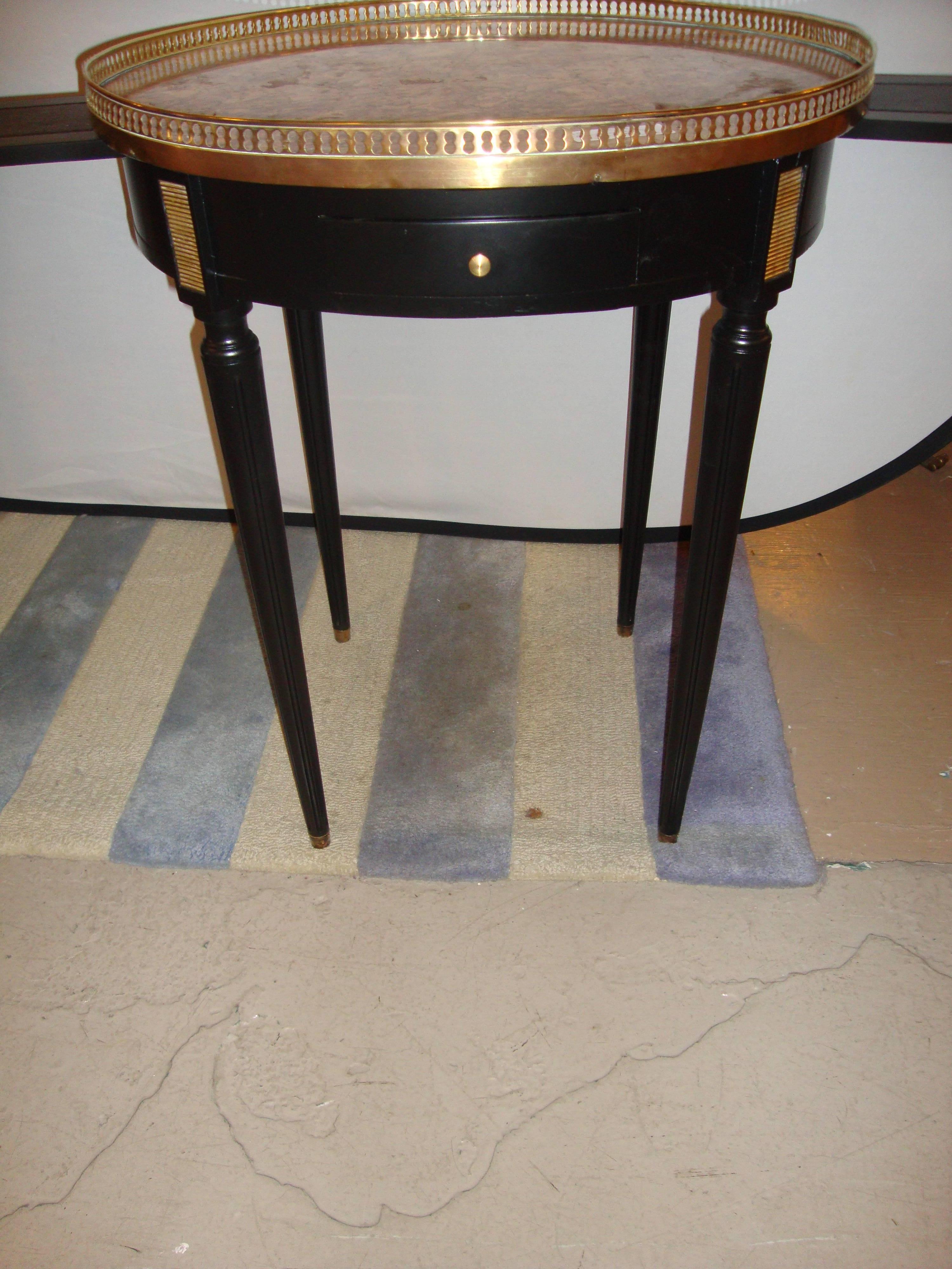 Maison Jansen, Louis XVI Style, Round Side Tables, Black Wood, Bronze, Marble For Sale 5