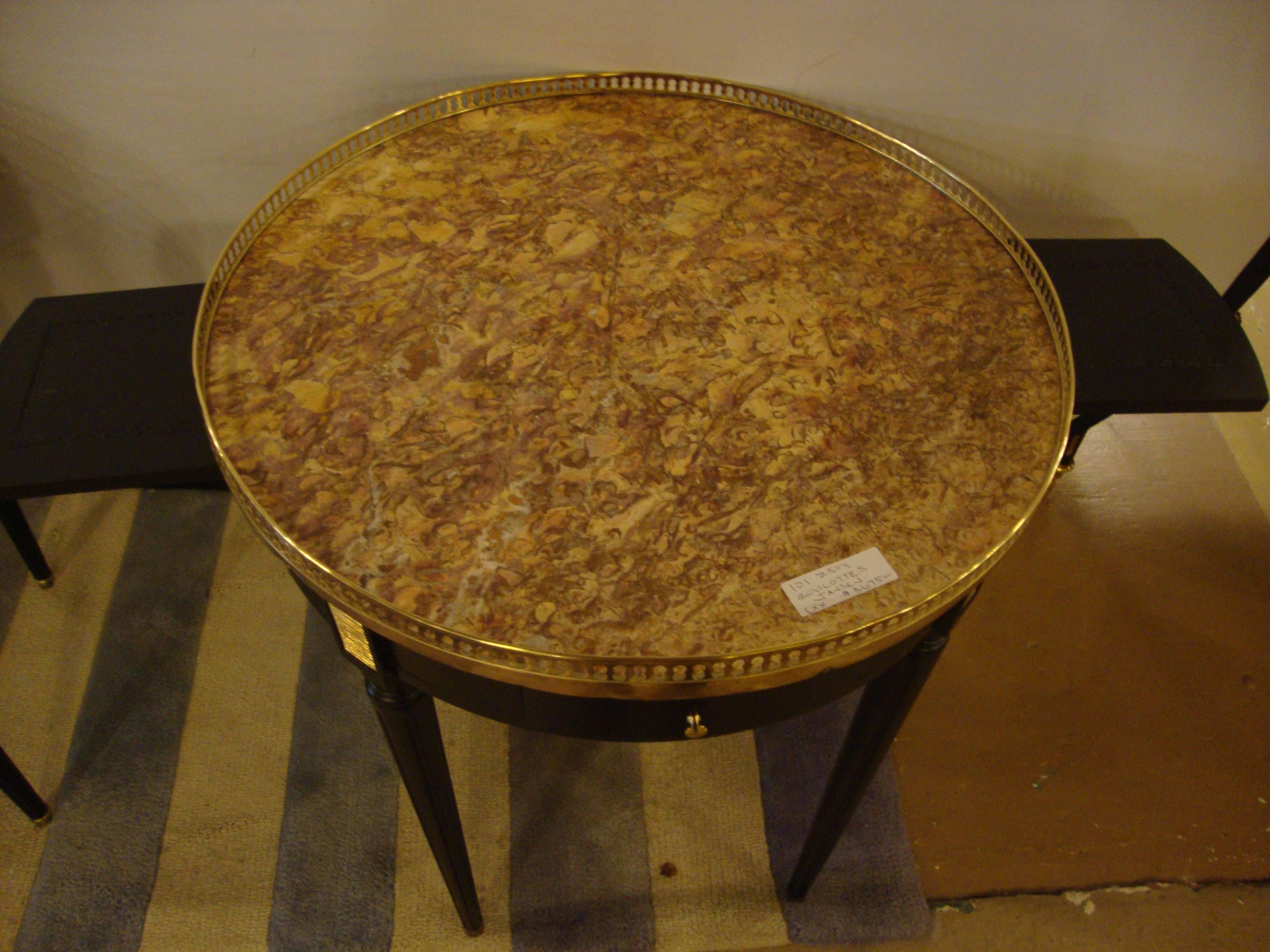 Maison Jansen, Louis XVI Style, Round Side Tables, Black Wood, Bronze, Marble For Sale 6