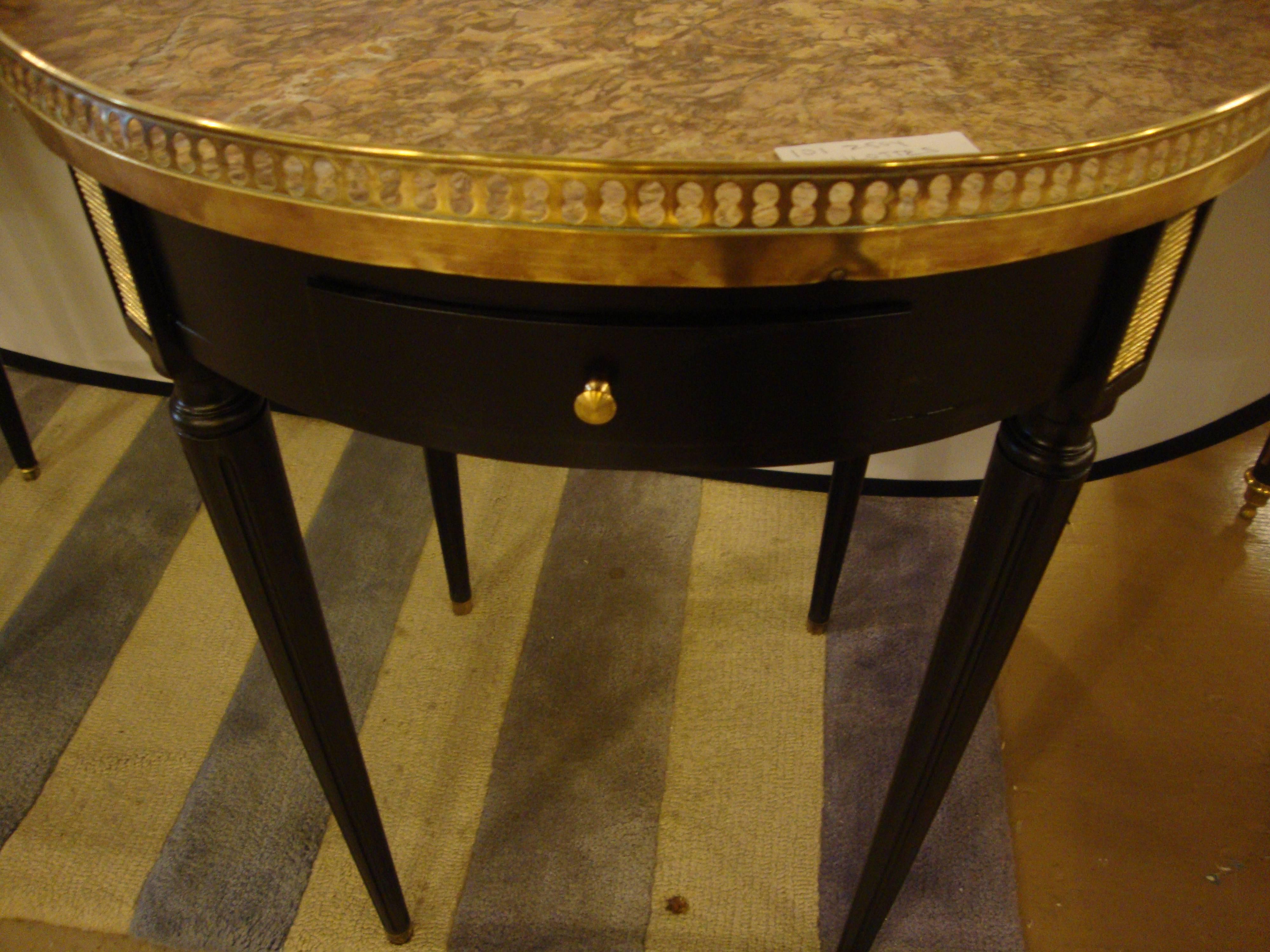 French Maison Jansen, Louis XVI Style, Round Side Tables, Black Wood, Bronze, Marble For Sale