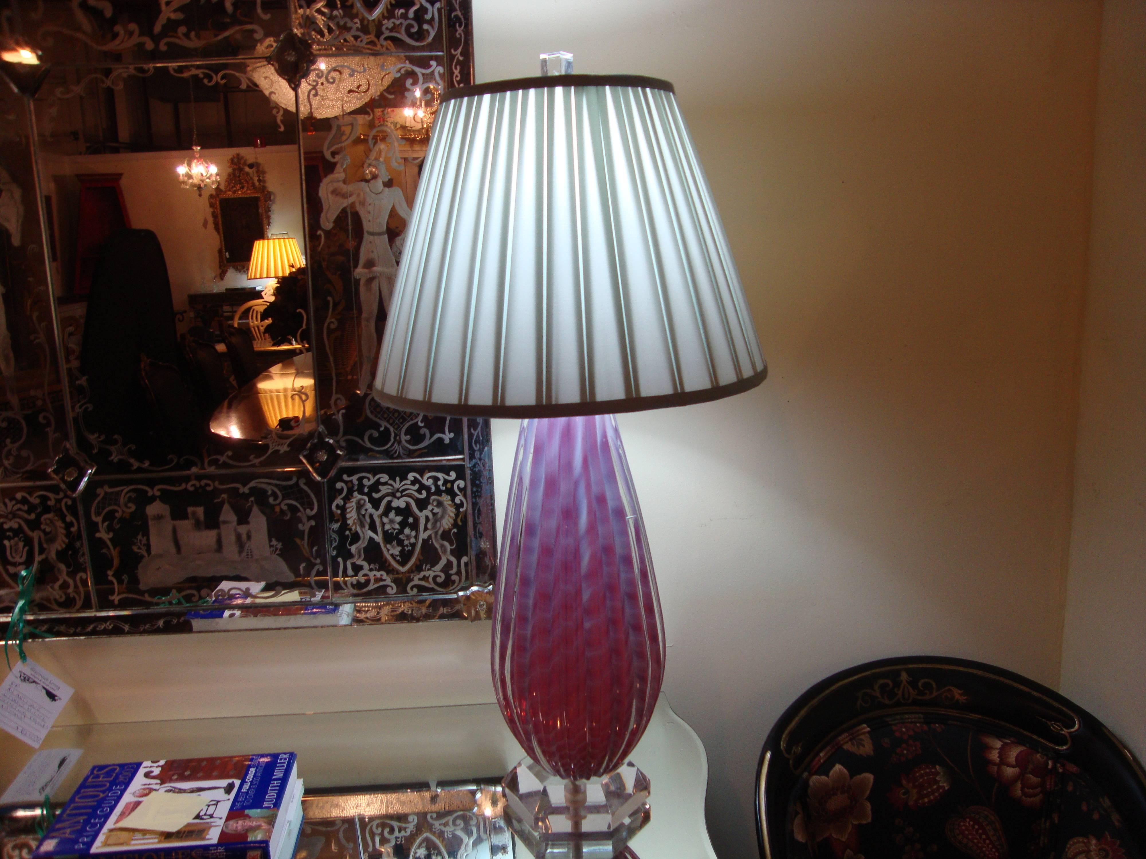 Italian Pair of Pink and White Murano Glass Table Lamps