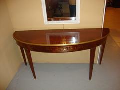 Neoclassical, Demilune Console Tables, Brown Wood, Brass Inlay, Europe, 1970s