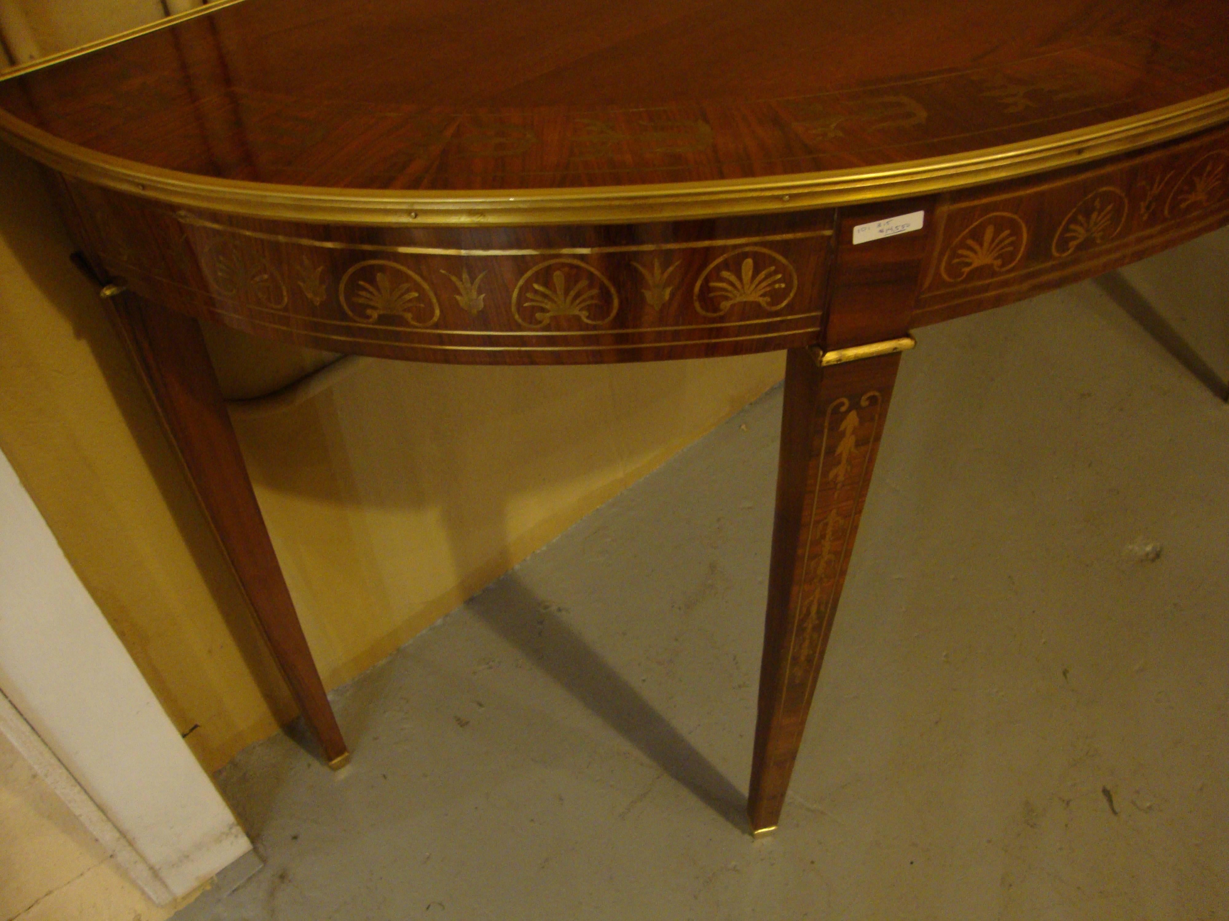 Adam Style Neoclassical, Demilune Console Tables, Brown Wood, Brass Inlay, Europe, 1970s For Sale