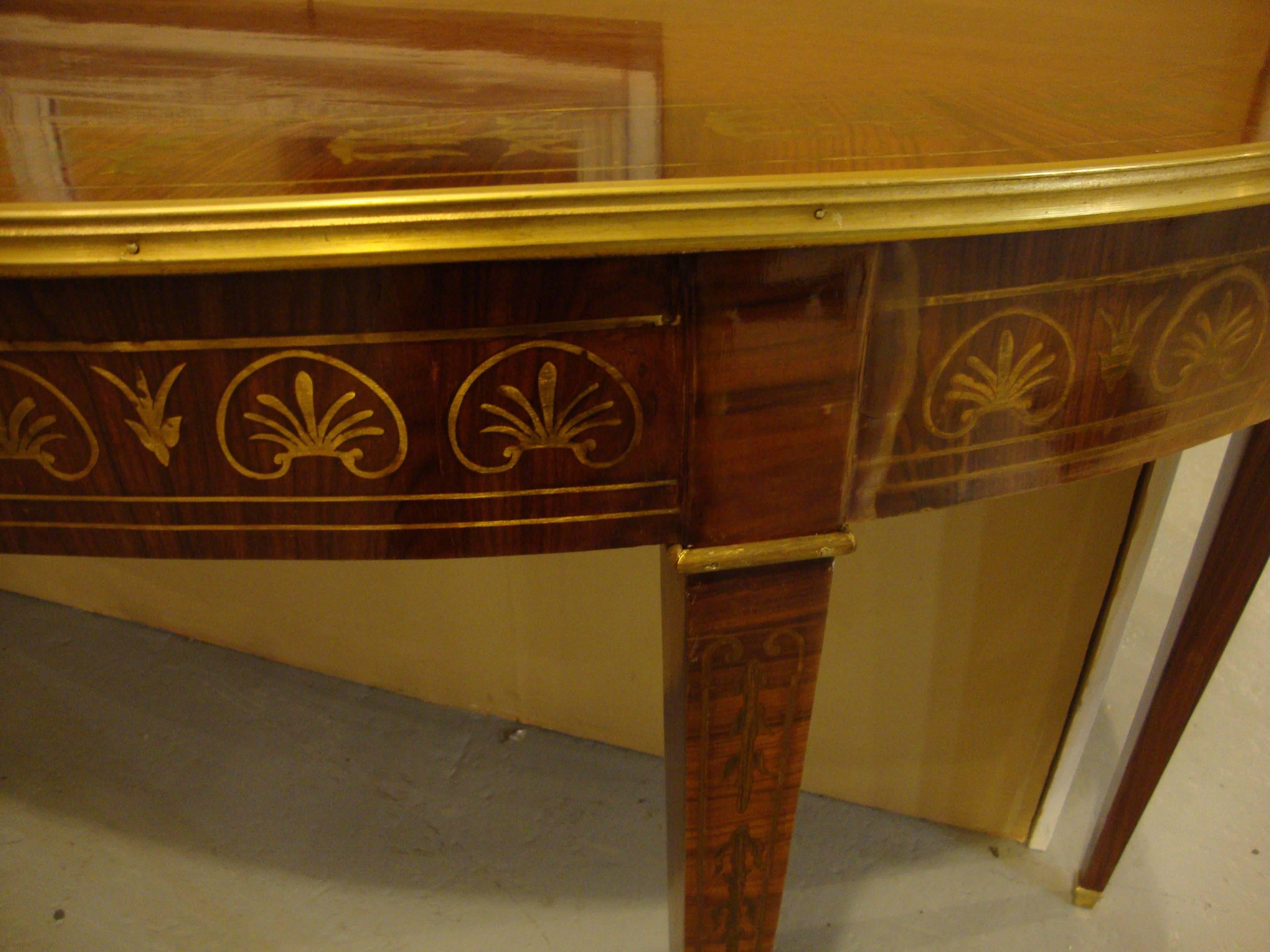 Neoclassical, Demilune Console Tables, Brown Wood, Brass Inlay, Europe, 1970s In Good Condition For Sale In Stamford, CT