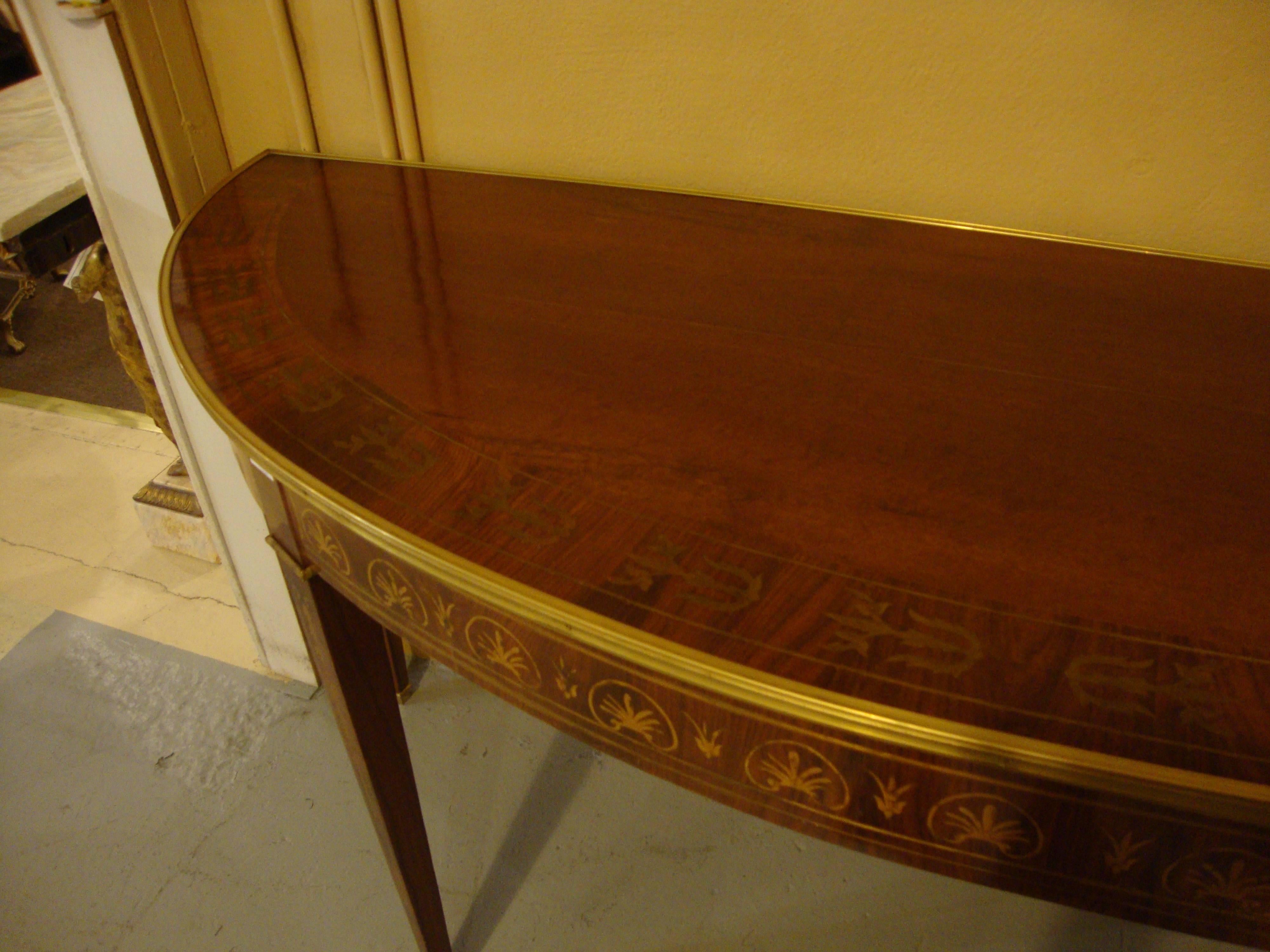 Neoclassical, Demilune Console Tables, Brown Wood, Brass Inlay, Europe, 1970s For Sale 2