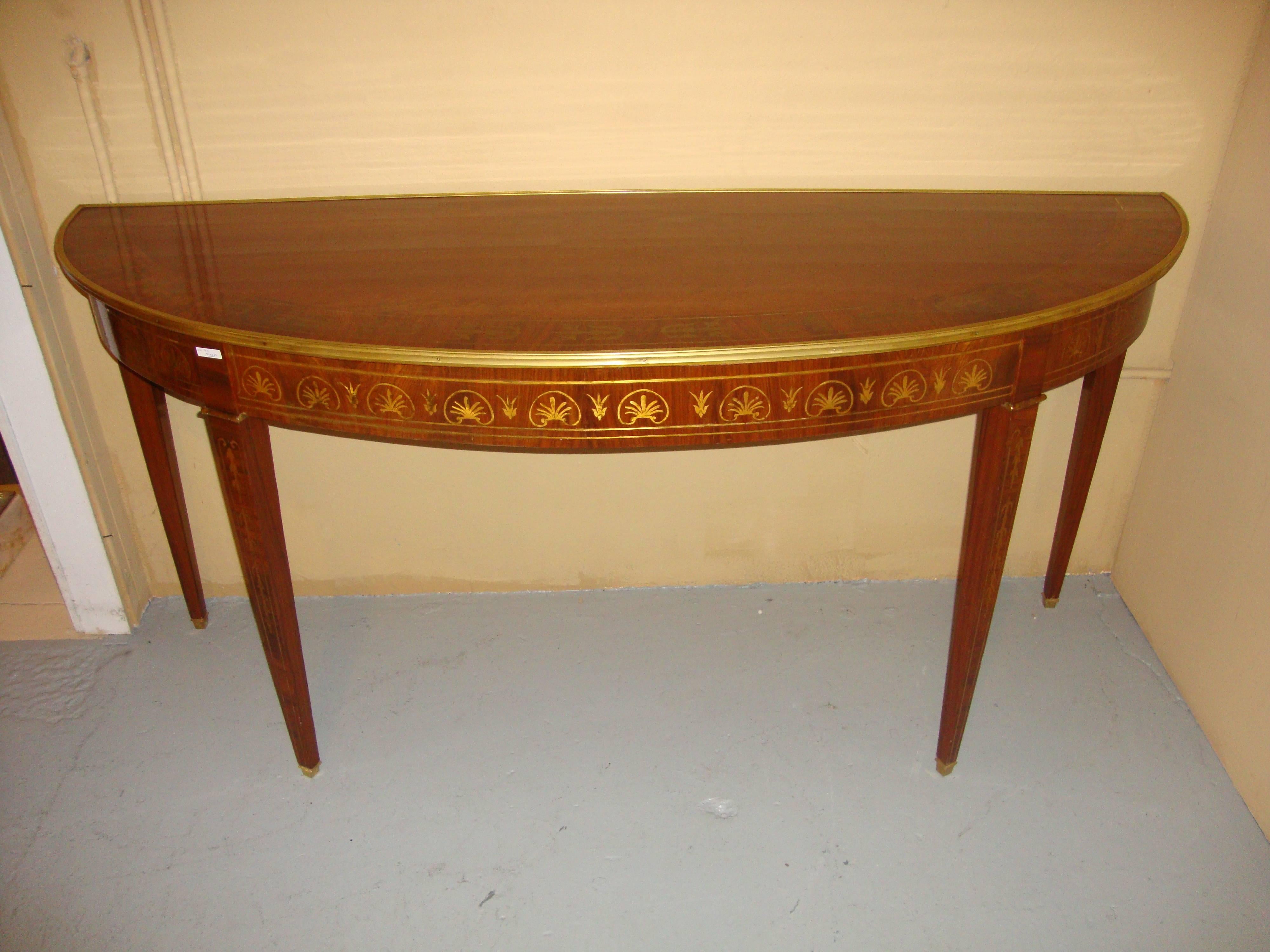 Neoclassical, Demilune Console Tables, Brown Wood, Brass Inlay, Europe, 1970s For Sale 3