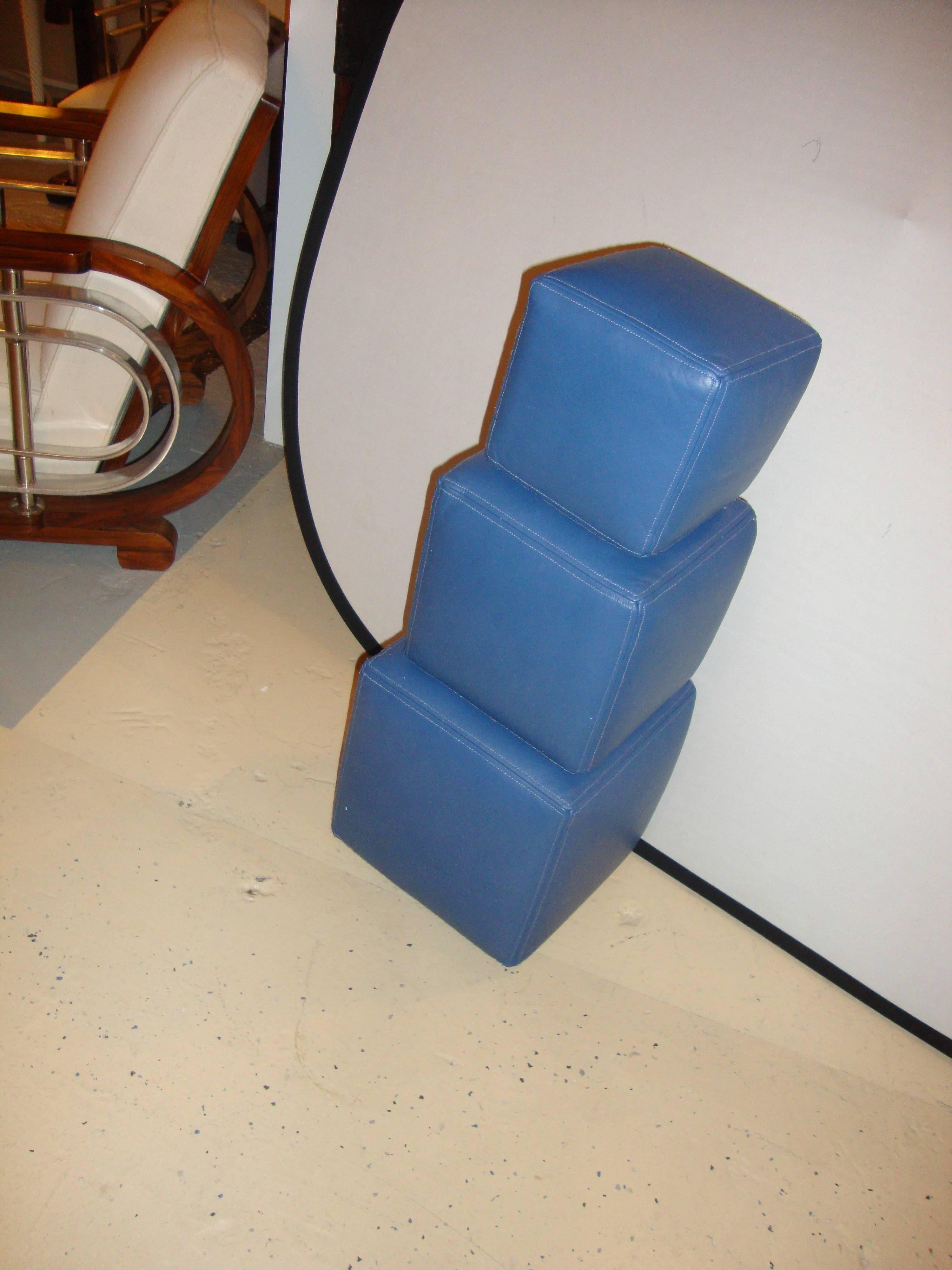 Dakota Jackson, Modern, Small Ottomans, Blue Leather, American, 1990s In Good Condition For Sale In Stamford, CT