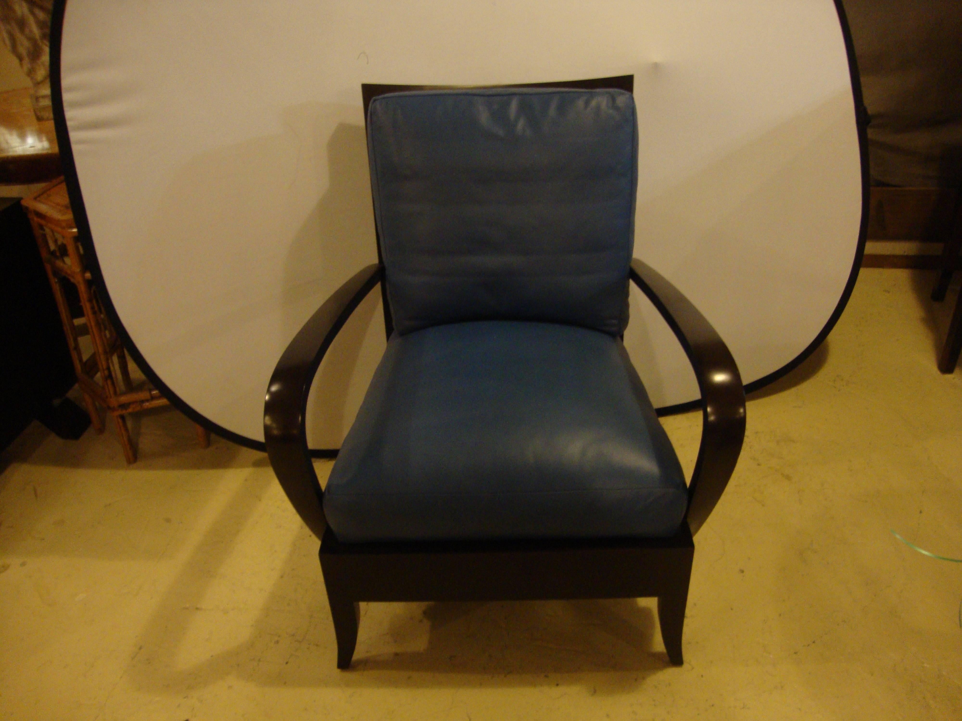 Dakota Jackson fine leather, celeste blue arm lounge chair. One of several Jackson pieces from the same estate this comfortable lounge chair show why this highly sought after designer is so popular. The sleek and sharp lines flow wonderfully and