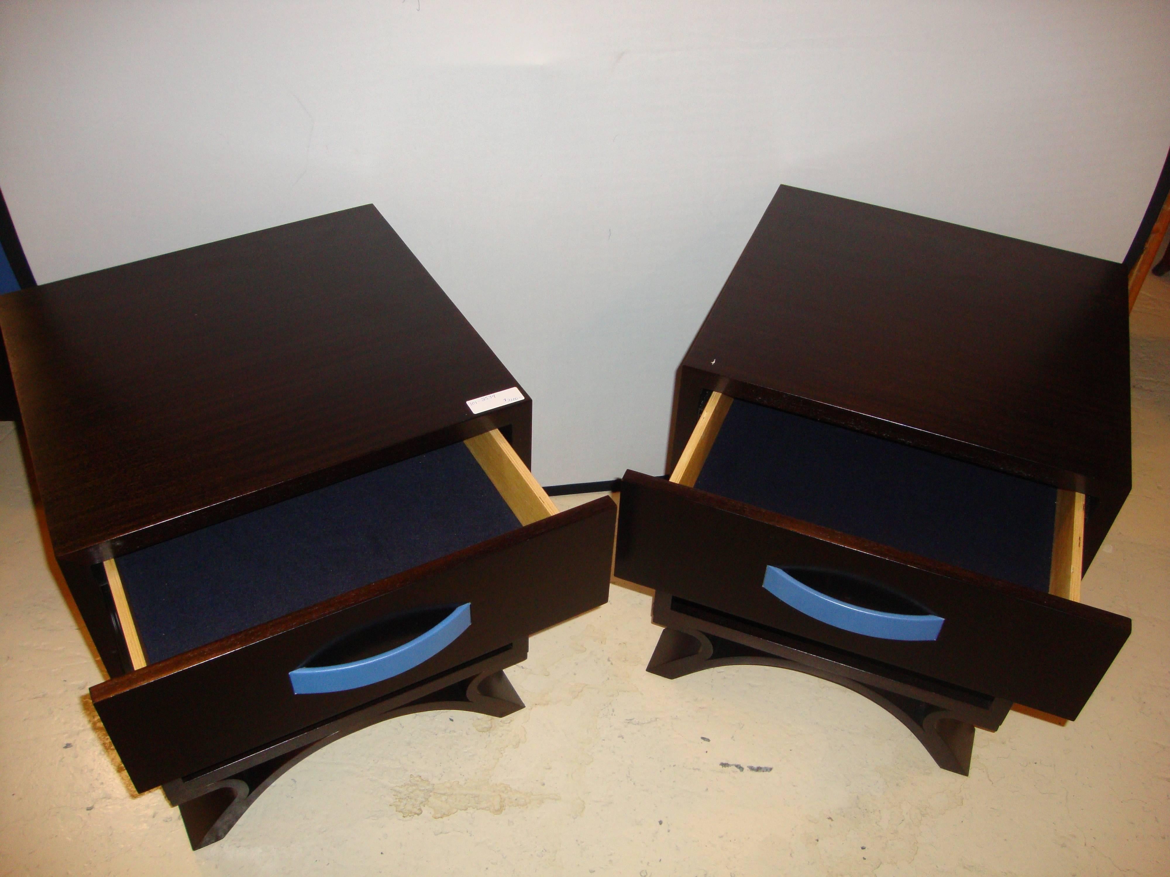 Pair of Dakota Jackson end tables night tables. A fine pair of Dakota Jackson tables in ebony finishes with celeste blu drawer pulls. This pair comes with a matching dresser sold separately.Price is for the End tables only.