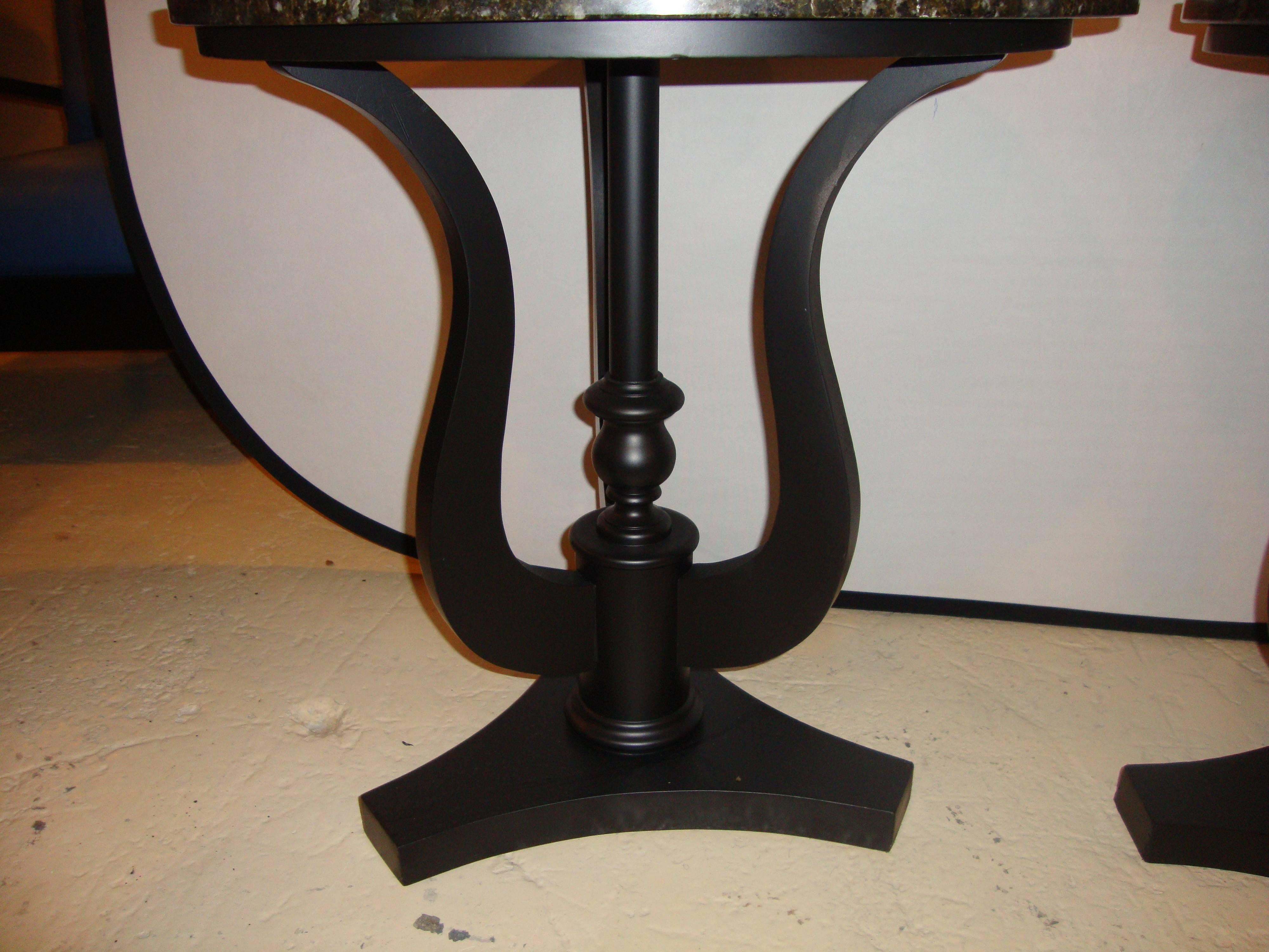 Hollywood Regency Pair of Art Deco Ebony Based End Tables with Black Marble Tops For Sale