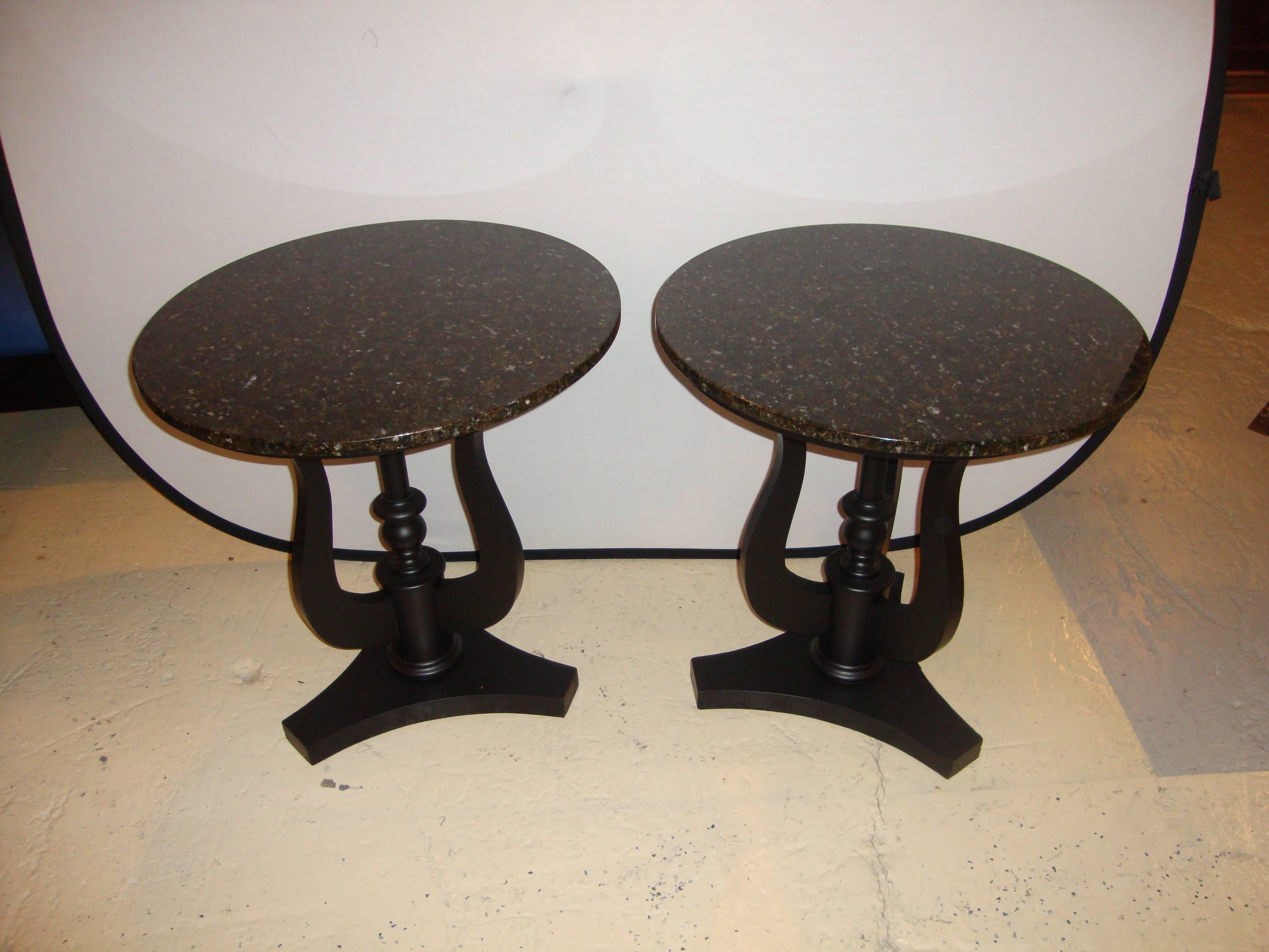 Pair of Art Deco Ebony Based End Tables with Black Marble Tops For Sale 2