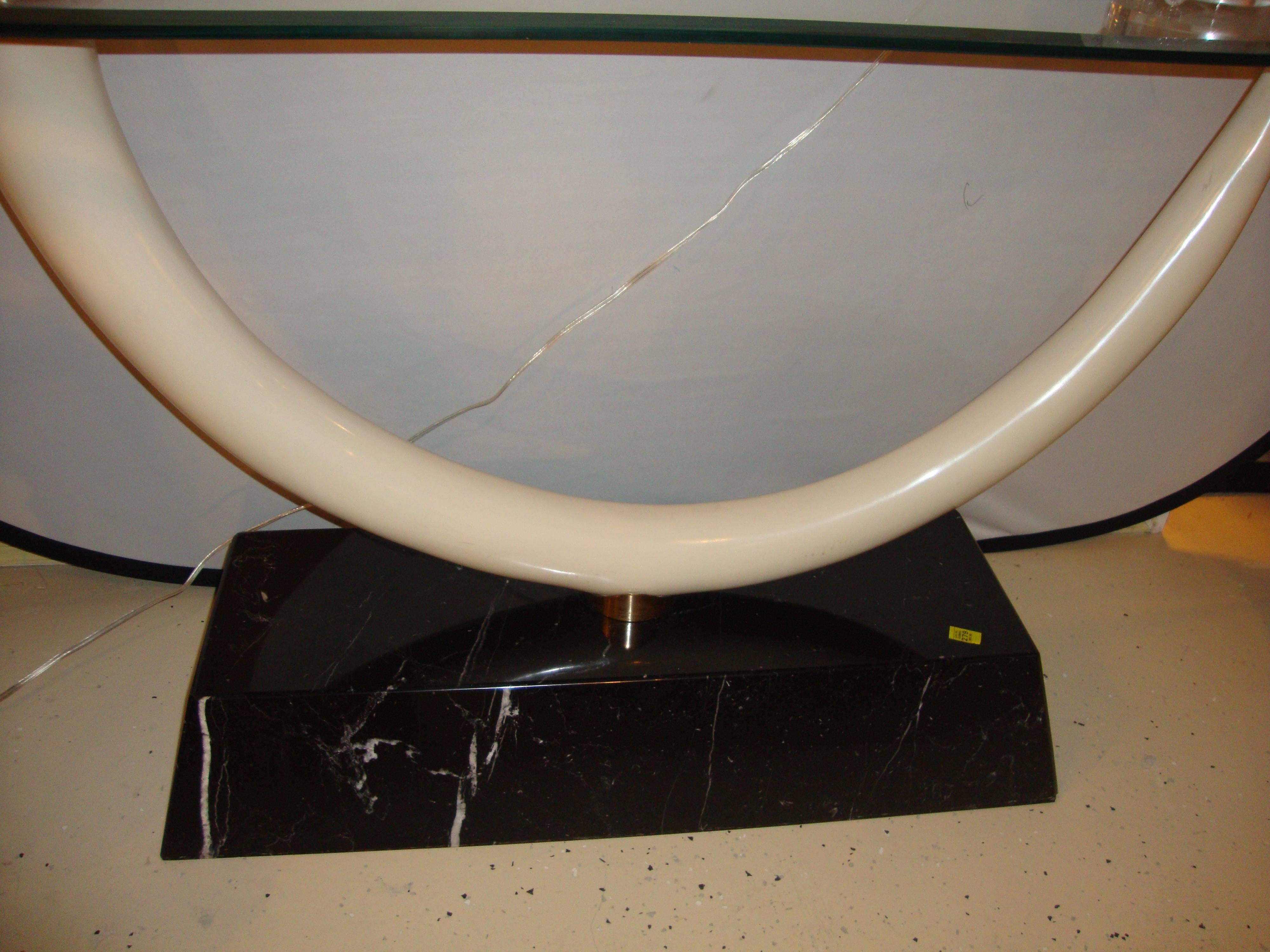 Elephant Tusk Glass Top and Marble Based Console Table In Good Condition In Stamford, CT