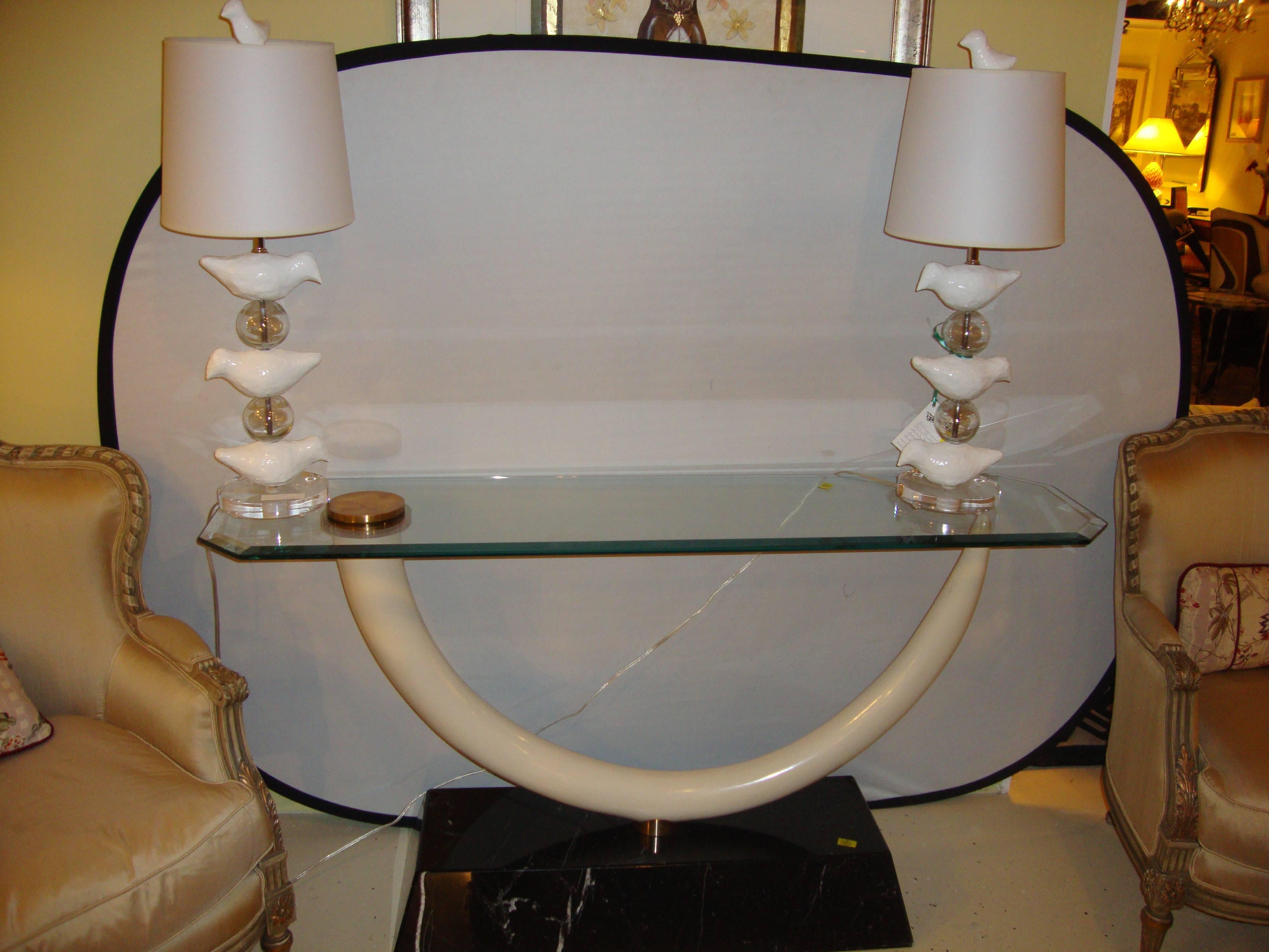 Mid-20th Century Elephant Tusk Glass Top and Marble Based Console Table