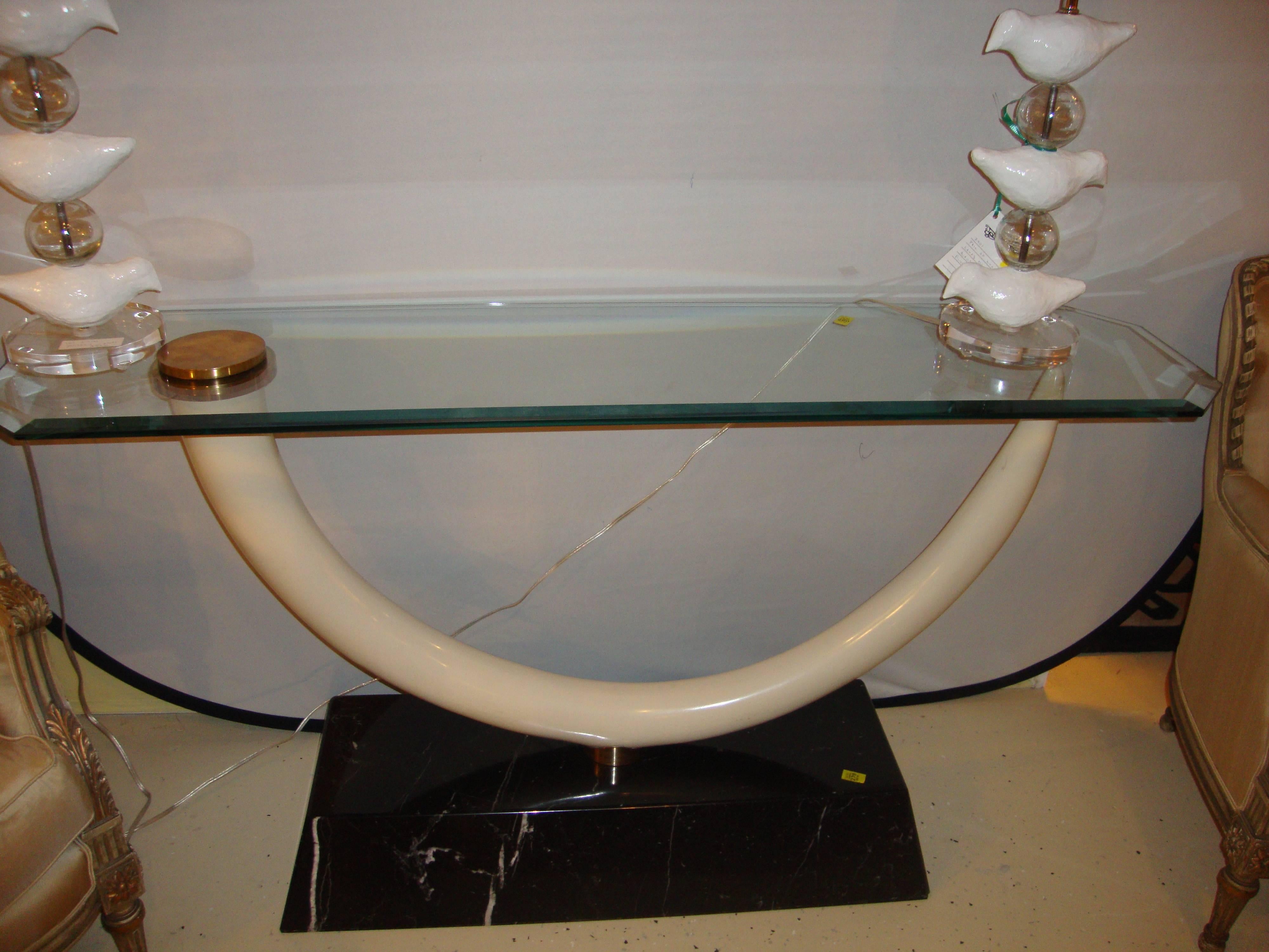 Elephant Tusk Glass Top and Marble Based Console Table 1