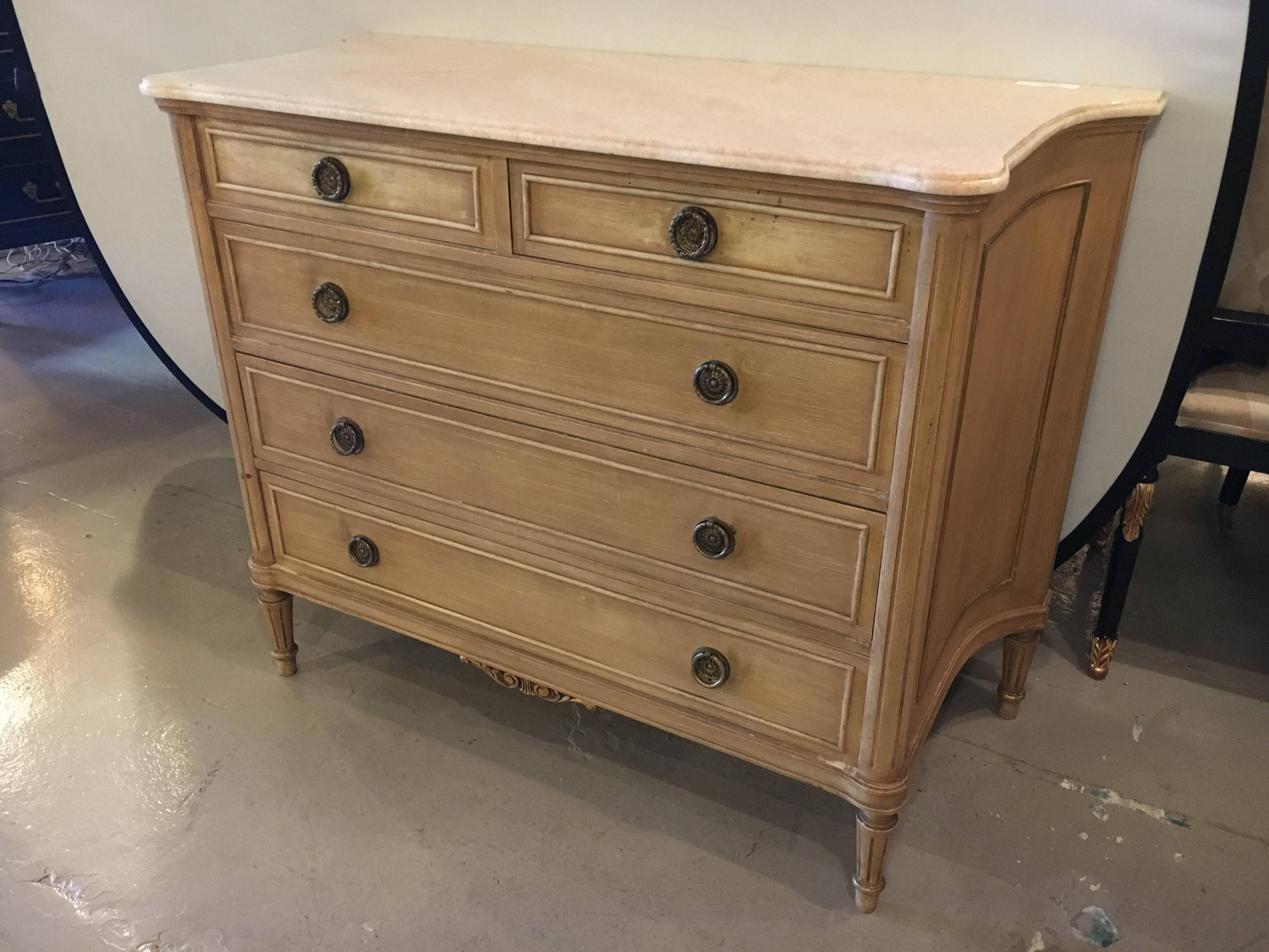 Jansen Bleached Wood Marble-Top Louis XVI Style Chest Commode In Good Condition In Stamford, CT