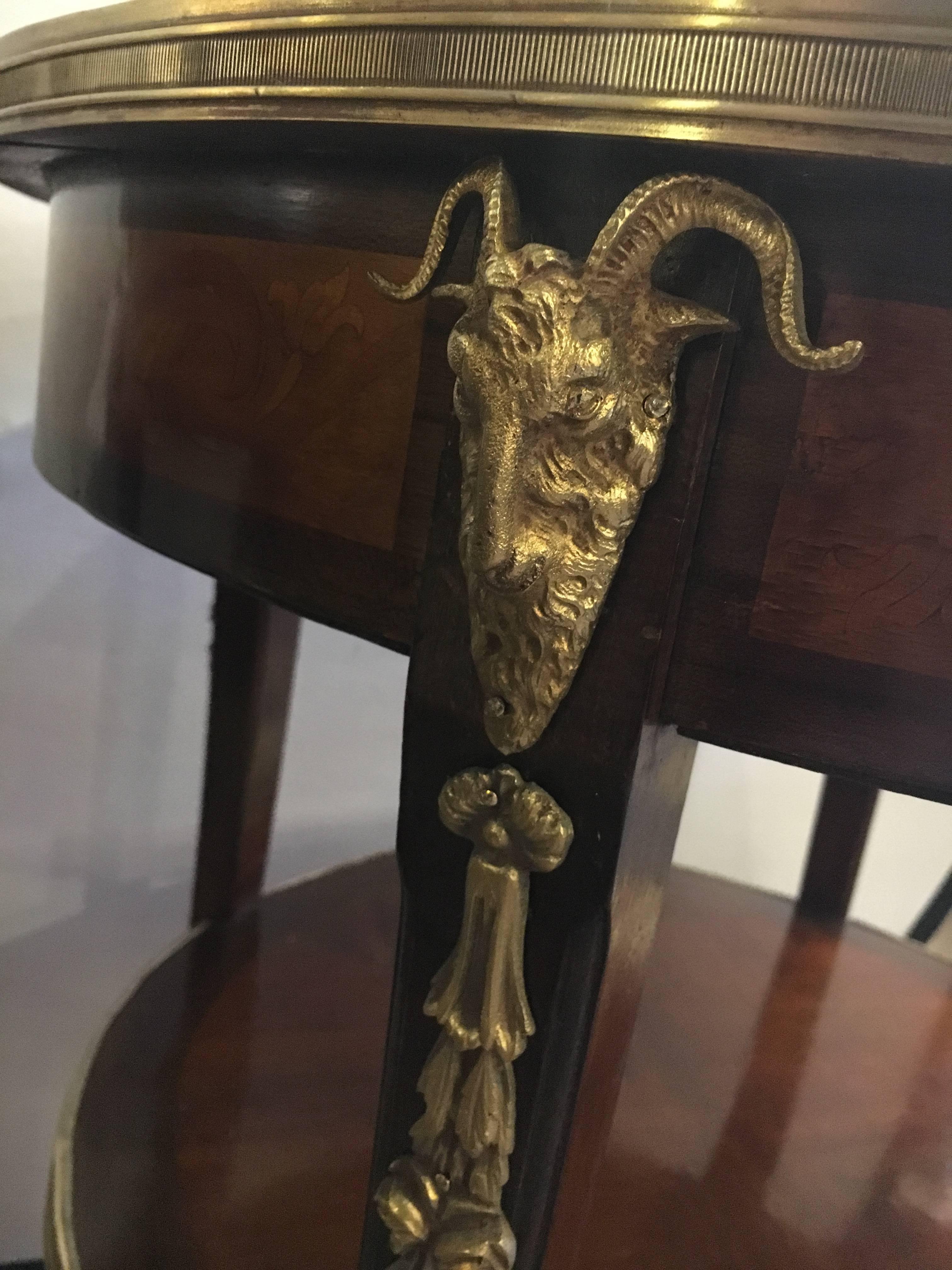 Louis XVI, Round Gueridons, Satinwood, Bronze, Rams Motif, France, 1940s In Good Condition For Sale In Stamford, CT